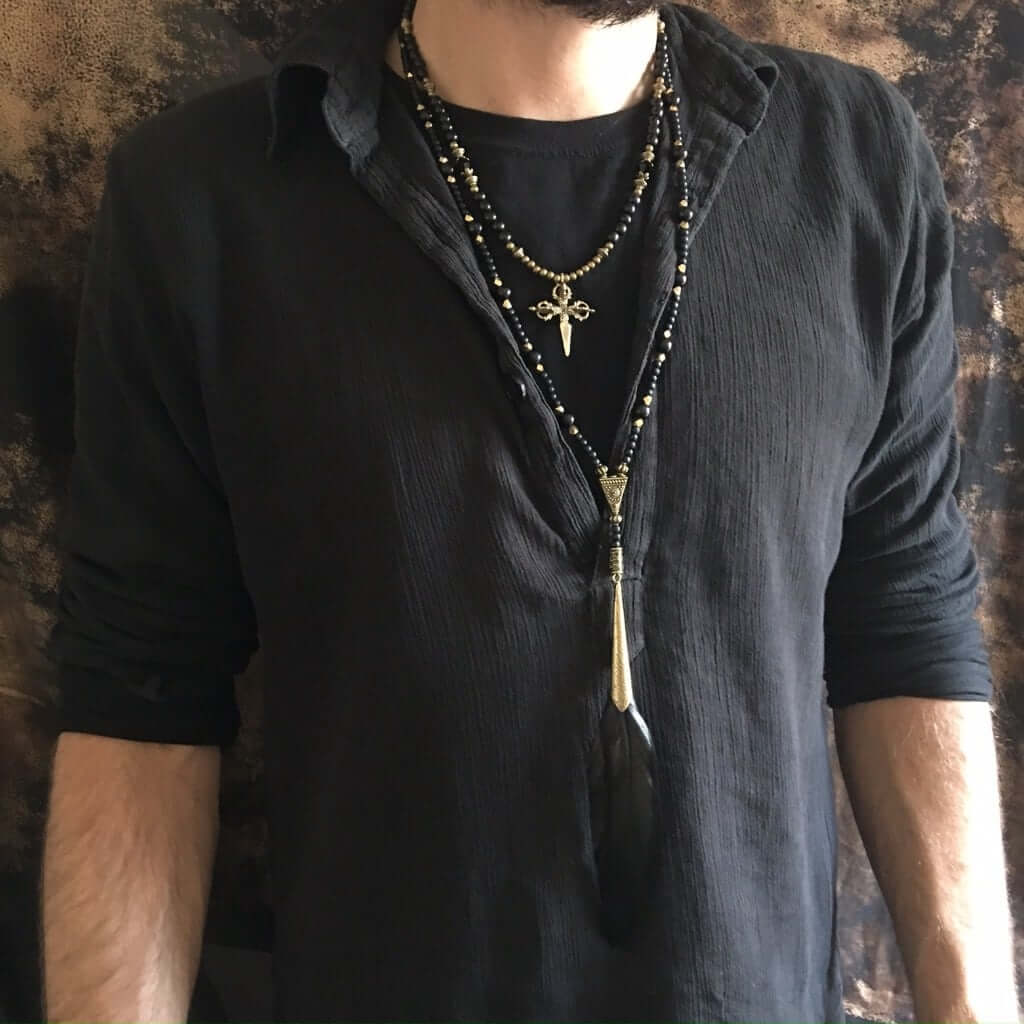 Unisex Beaded Feather Necklace Set - Brown Black Cream Pirate Tribal Style Necklace Amulet Layered Necklace Country Music style Burning Man