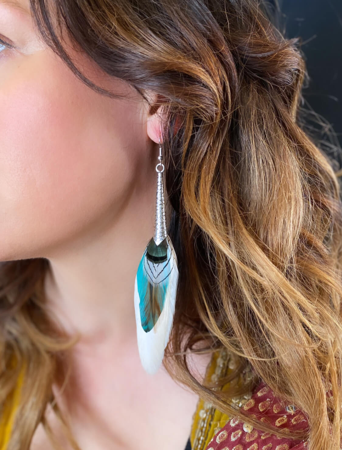 Moonbeam feather earring set, asymmetrical earrings, labradorite stone, rock n roll western cowgirl style silver earrings
