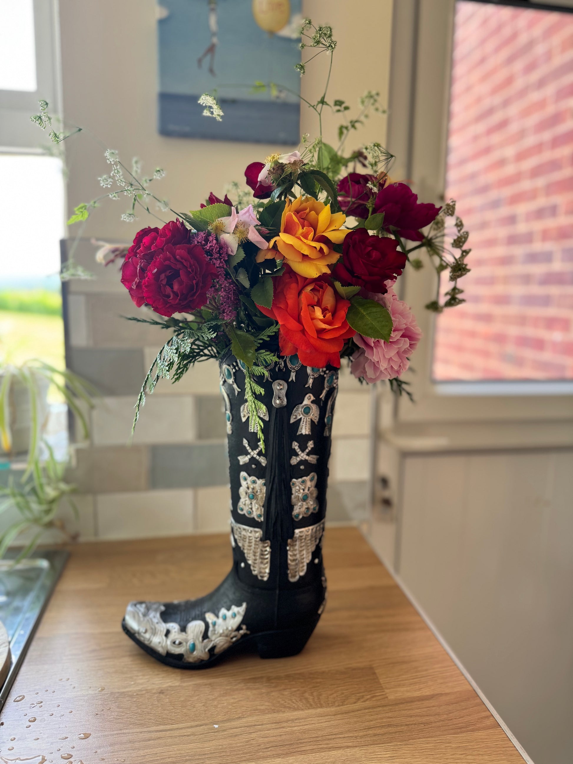 Large Cowboy Boot Vase - black & silver cowboy boot vase with turquoise accents, western style flower arrangement vase, realistic boot vase