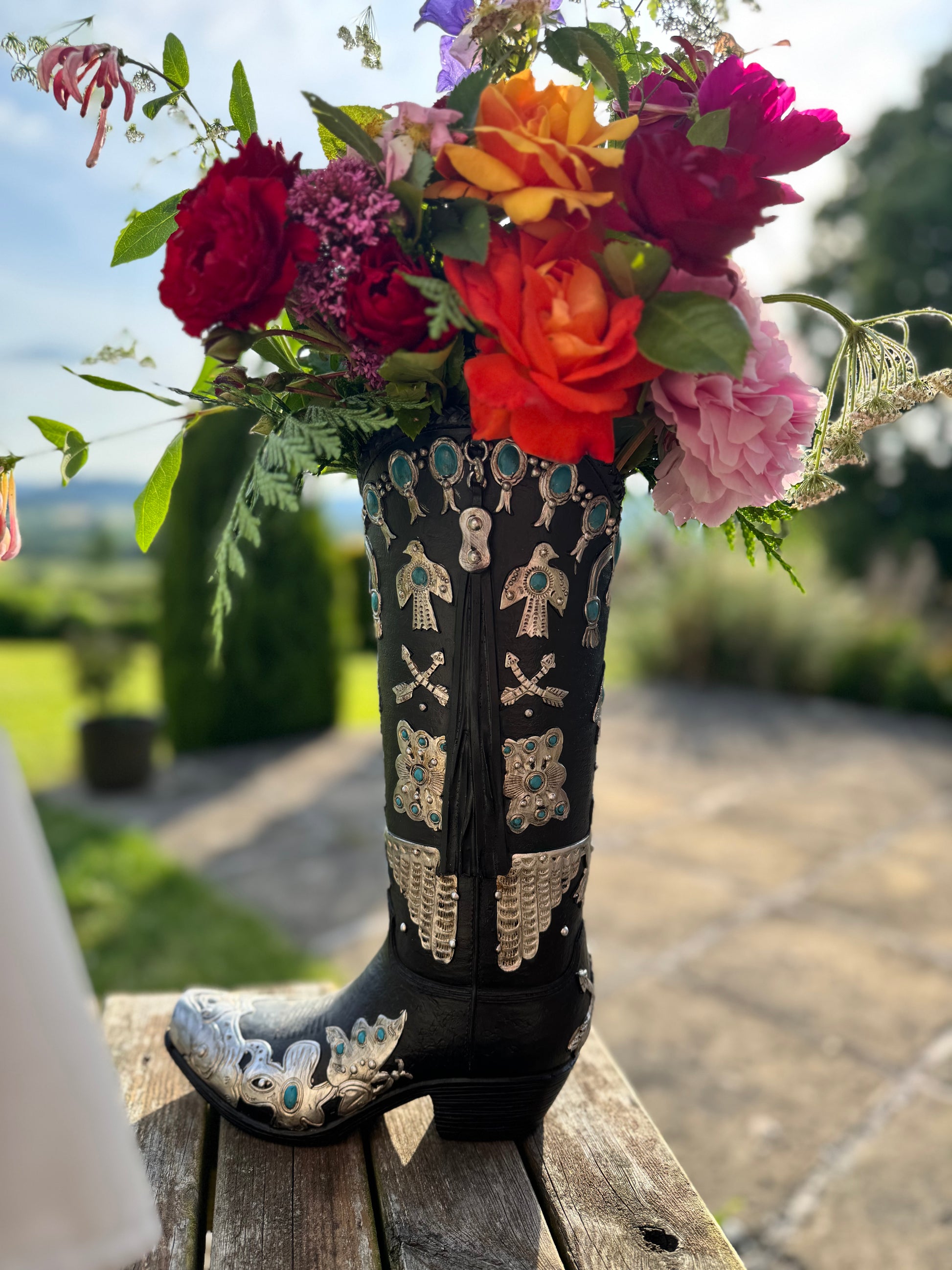 Large Cowboy Boot Vase - black & silver cowboy boot vase with turquoise accents, western style flower arrangement vase, realistic boot vase
