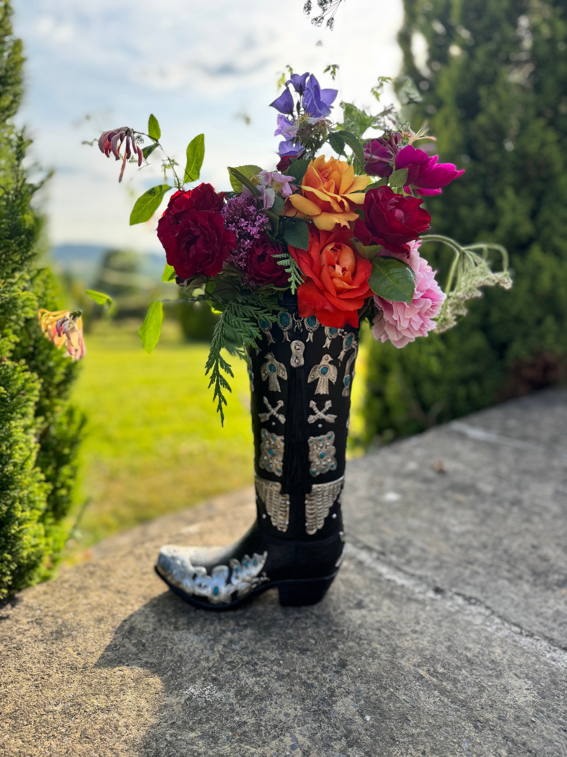 Large Cowboy Boot Vase - black & silver cowboy boot vase with turquoise accents, western style flower arrangement vase, realistic boot vase