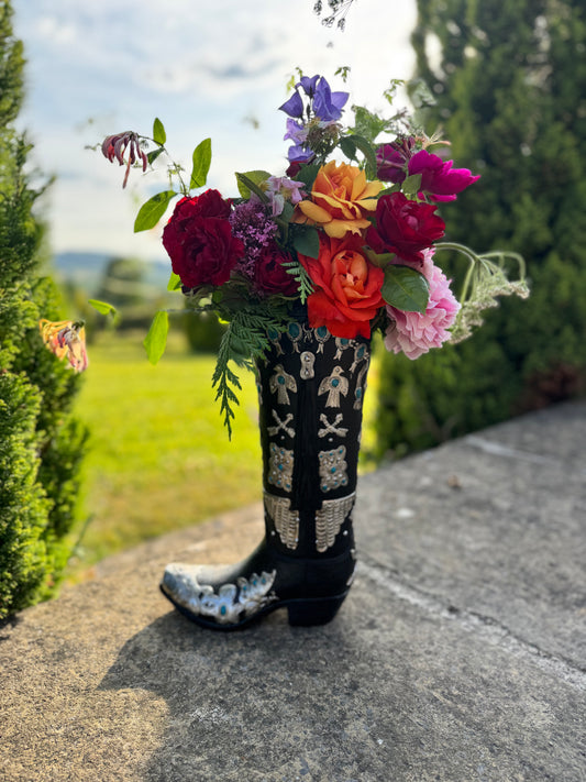 Large Cowboy Boot Vase - black & silver cowboy boot vase with turquoise accents, western style flower arrangement vase, realistic boot vase
