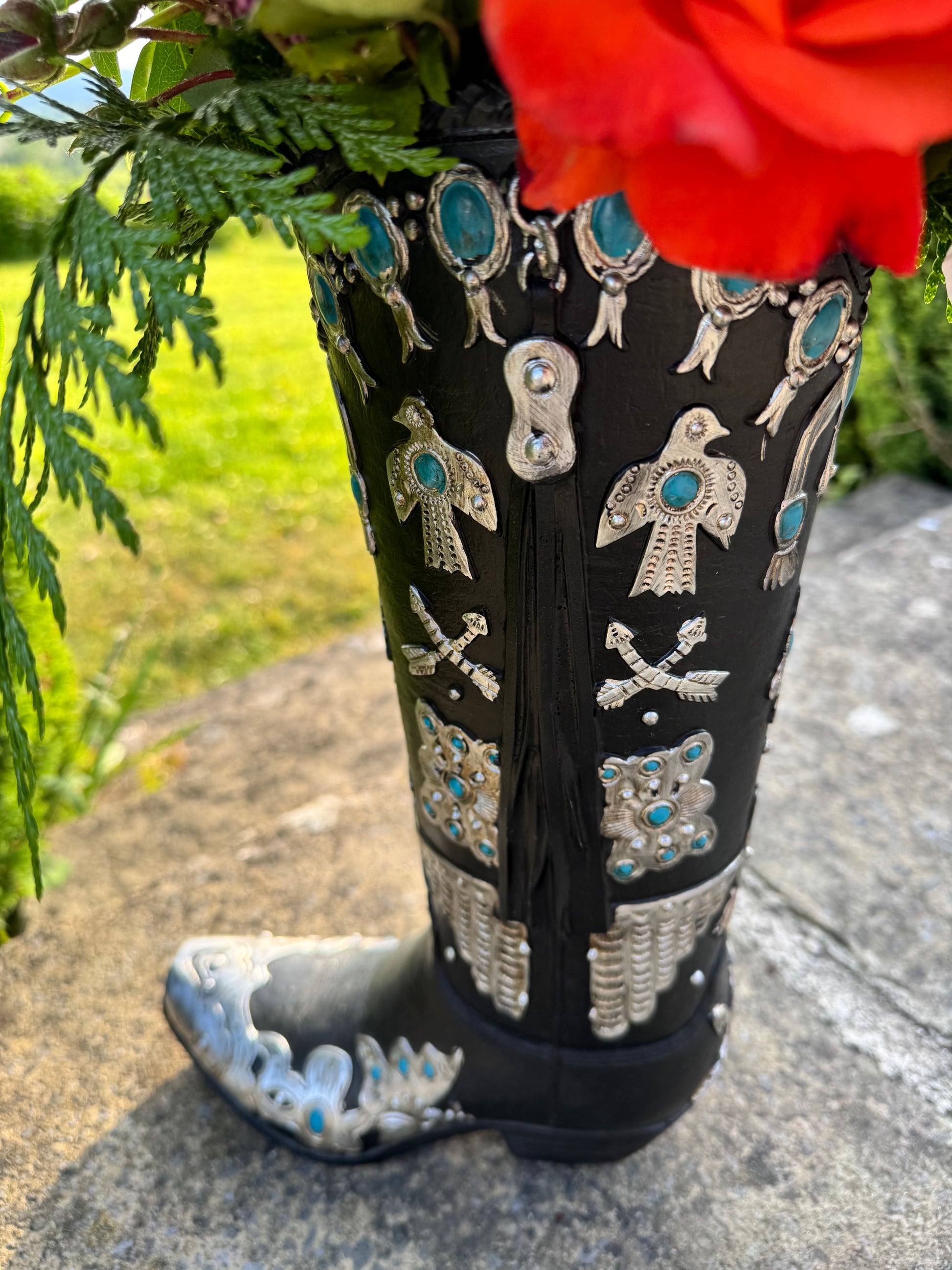 Large Cowboy Boot Vase - black & silver cowboy boot vase with turquoise accents, western style flower arrangement vase, realistic boot vase
