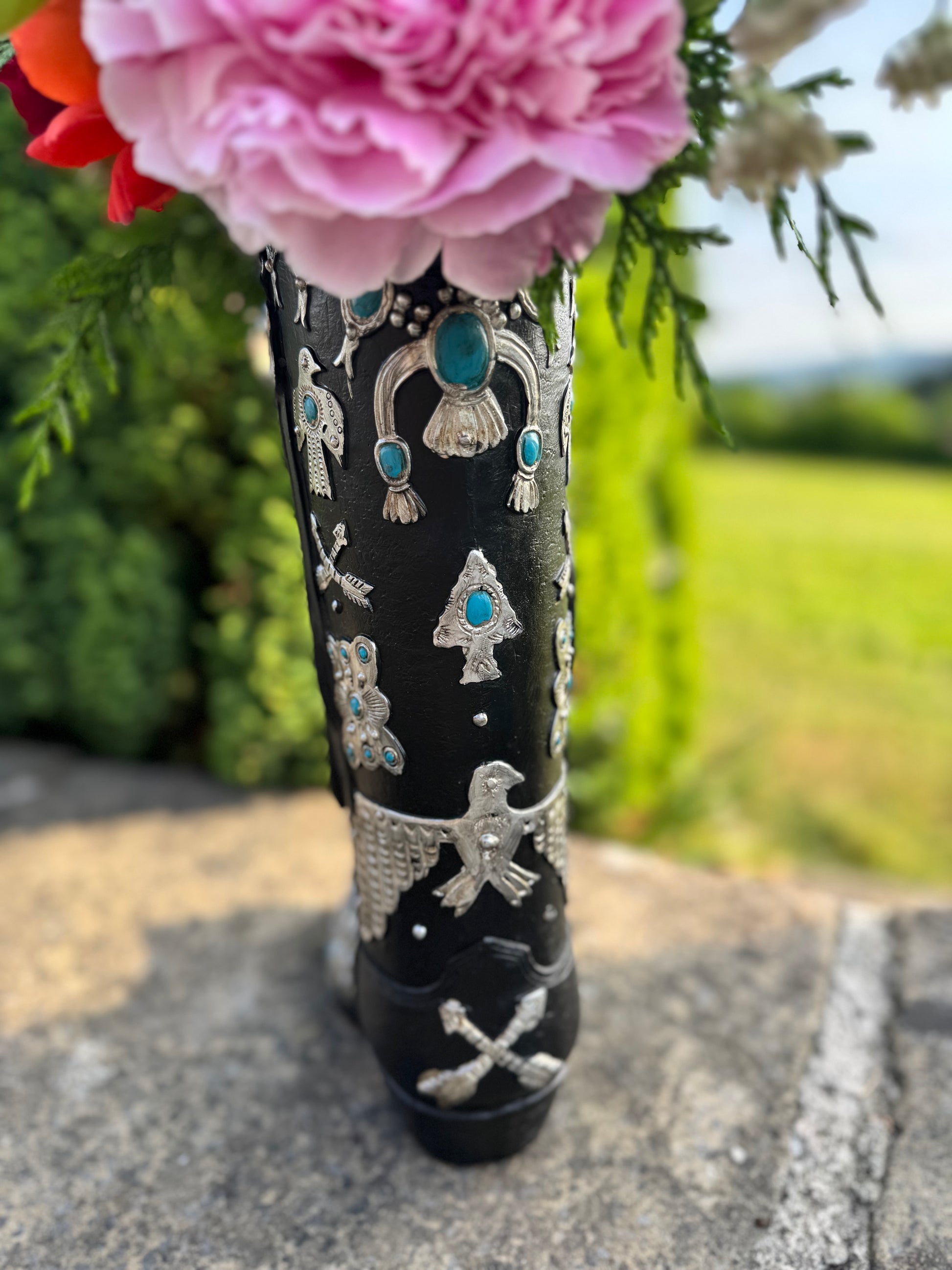 Large Cowboy Boot Vase - black & silver cowboy boot vase with turquoise accents, western style flower arrangement vase, realistic boot vase