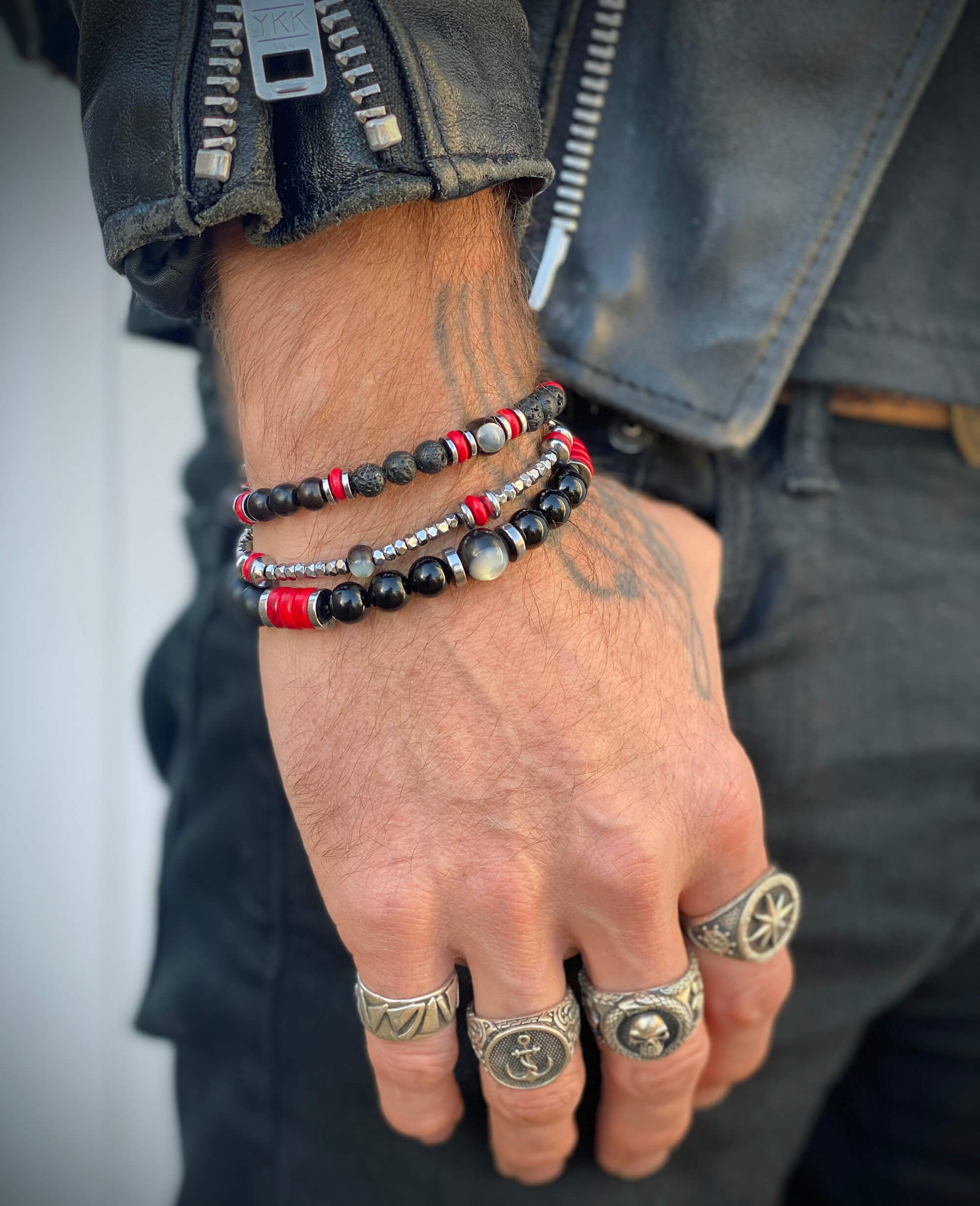 The Rattlesnake Bracelet Set - layered red black and silver bracelet set, rock n roll style bracelet stack, red coral black onyx & hematite