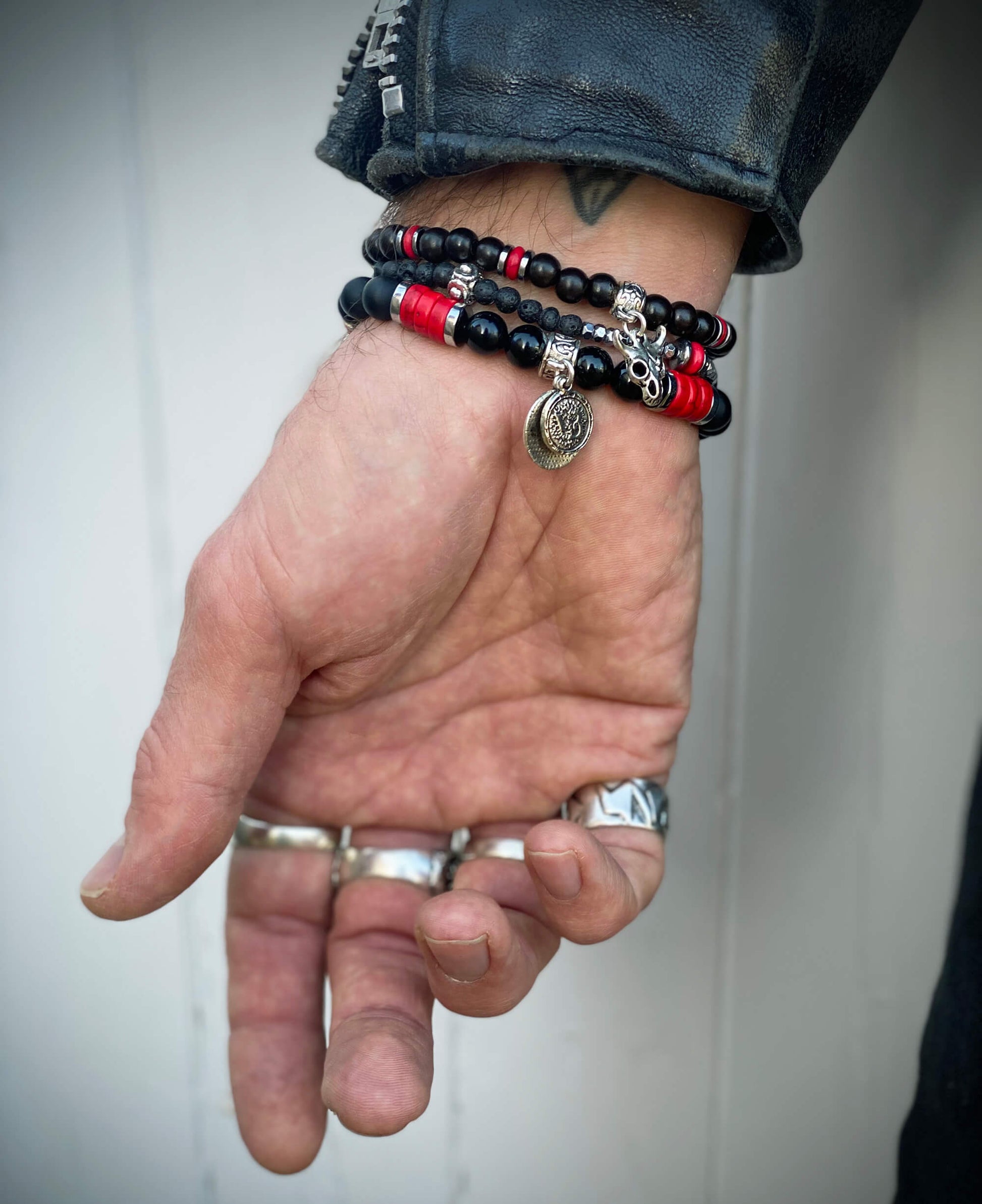 The Rattlesnake Bracelet Set - layered red black and silver bracelet set, rock n roll style bracelet stack, red coral black onyx & hematite