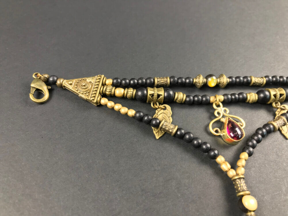 Red Garnet Black Beaded Finger Bracelet - layered finger bracelet - elegant black and bronze detailed - bohemian gypsy style