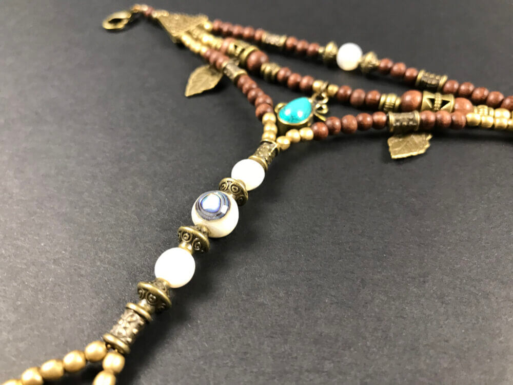 Turquoise Brown Beaded Finger Bracelet - layered finger bracelet - elegant black and bronze detailed - bohemian gypsy style