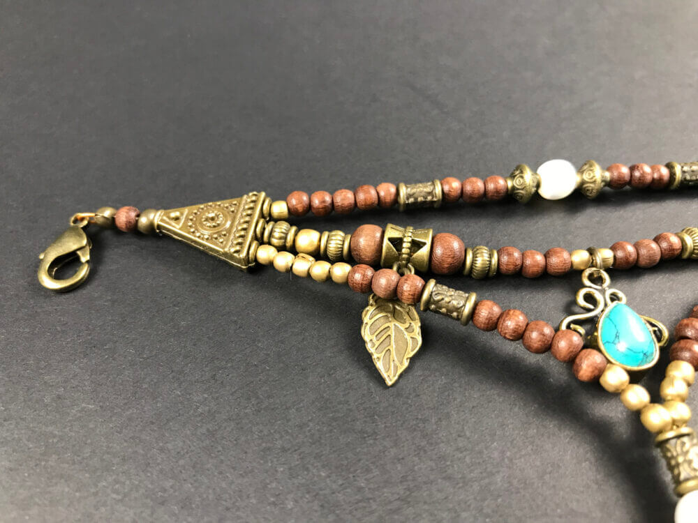 Turquoise Brown Beaded Finger Bracelet - layered finger bracelet - elegant black and bronze detailed - bohemian gypsy style