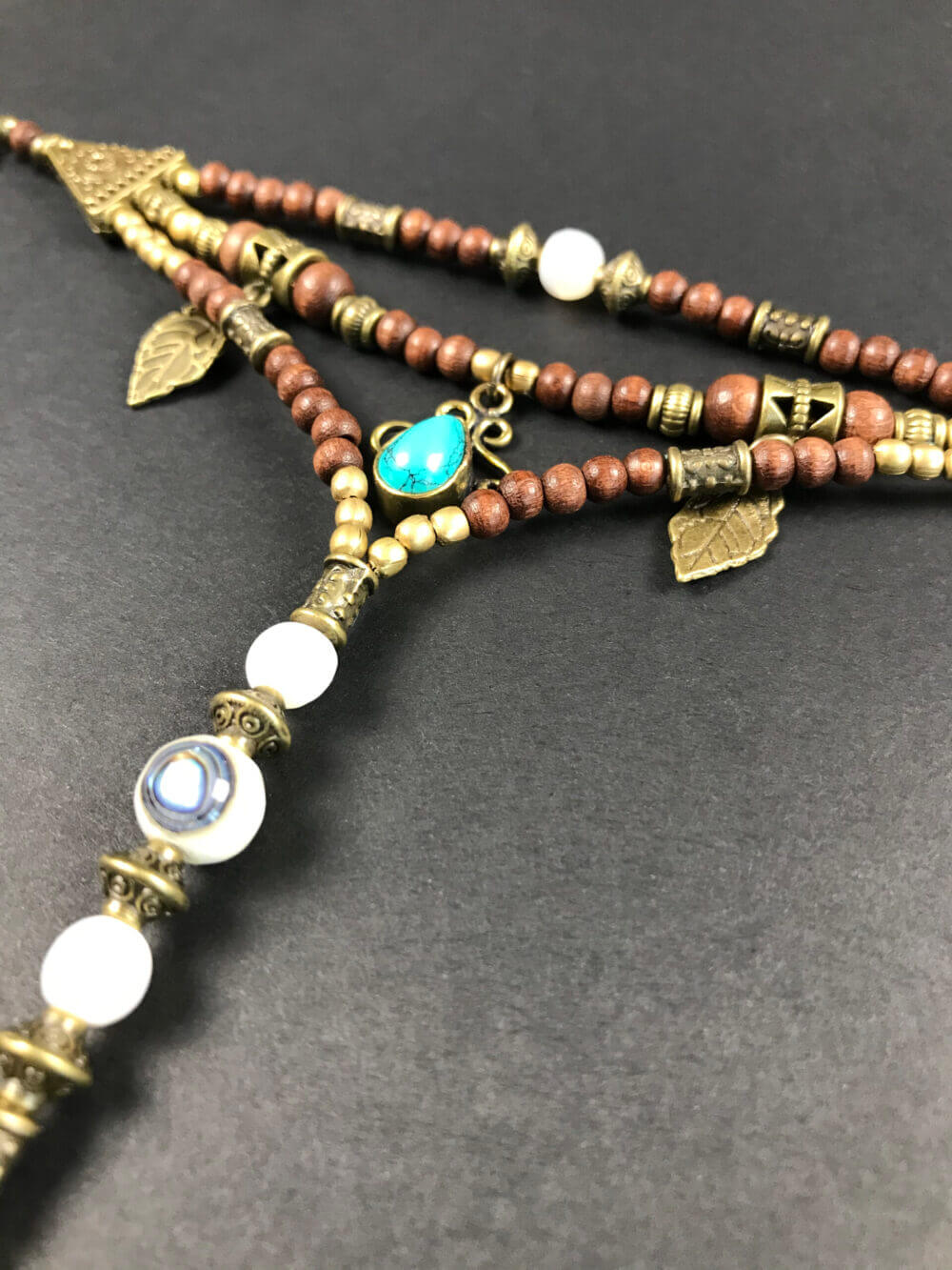 Turquoise Brown Beaded Finger Bracelet - layered finger bracelet - elegant black and bronze detailed - bohemian gypsy style