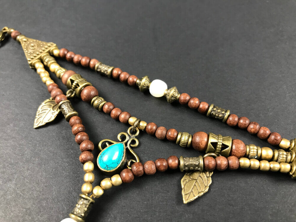 Turquoise Brown Beaded Finger Bracelet - layered finger bracelet - elegant black and bronze detailed - bohemian gypsy style