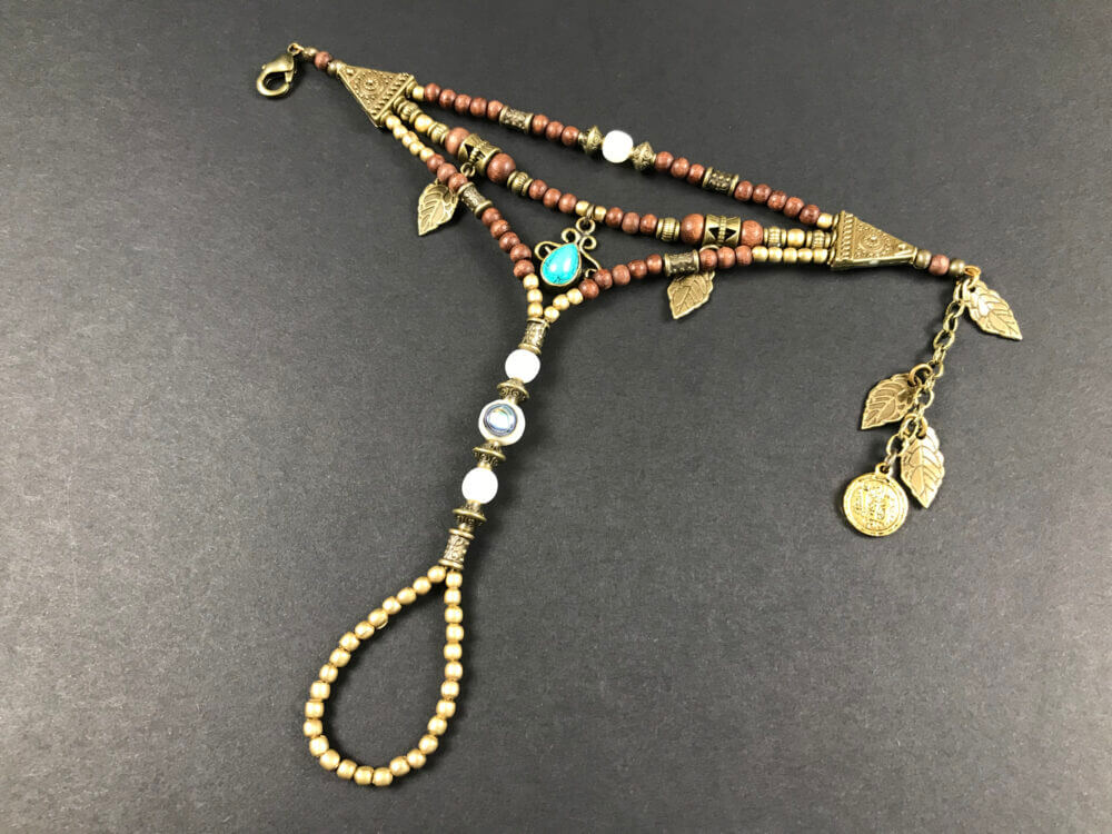 Turquoise Brown Beaded Finger Bracelet - layered finger bracelet - elegant black and bronze detailed - bohemian gypsy style