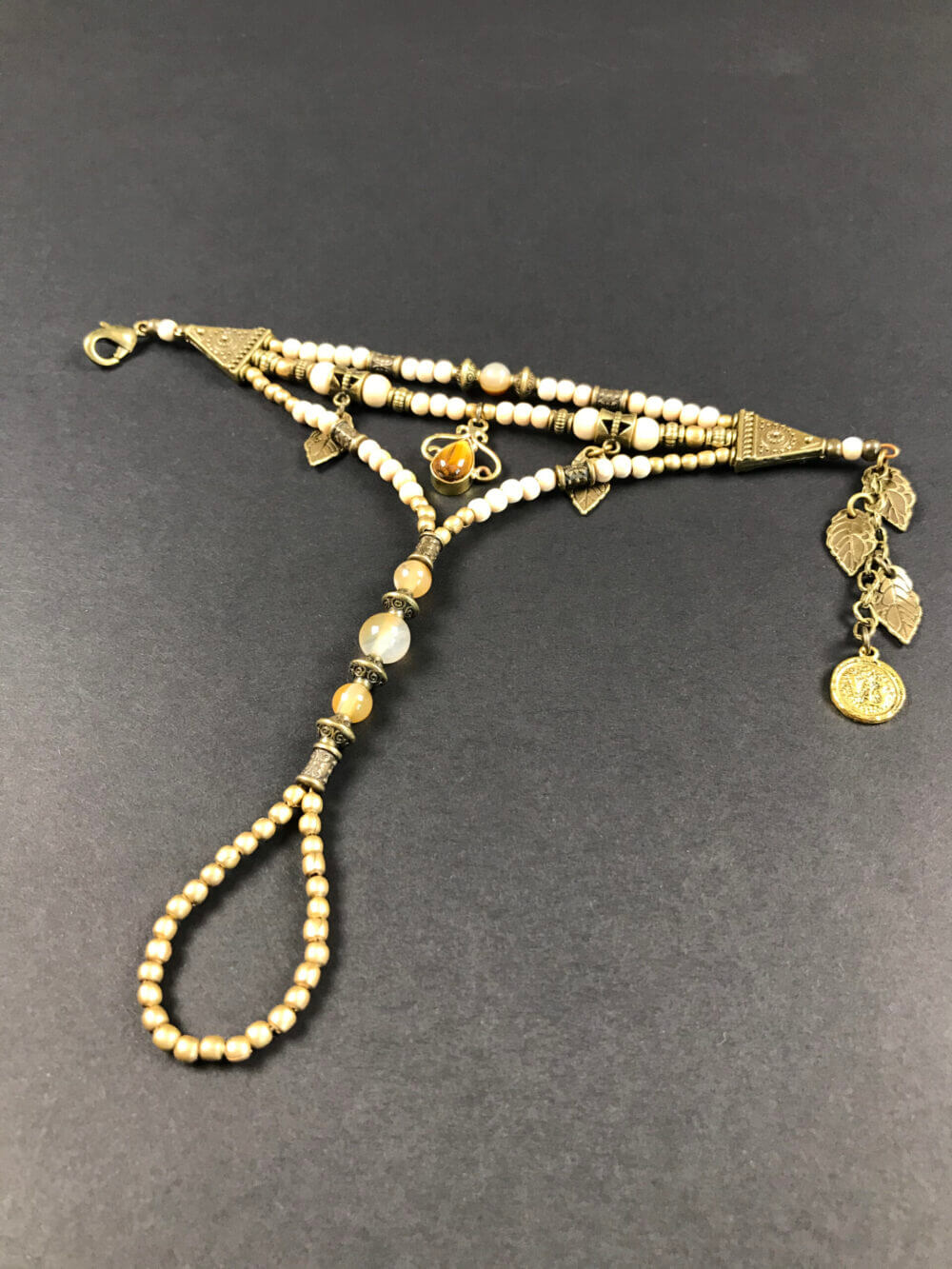 Tiger Eye White Beaded Finger Bracelet by Vera Black