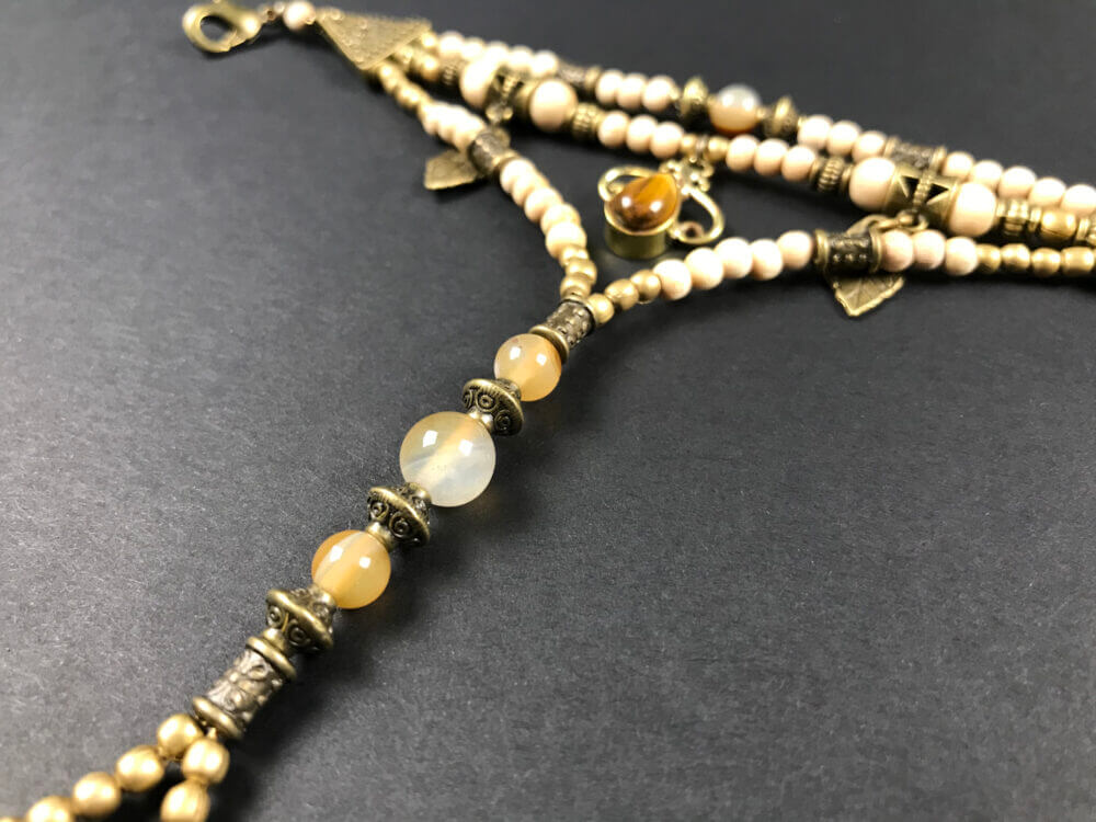Tiger Eye White Beaded Finger Bracelet by Vera Black