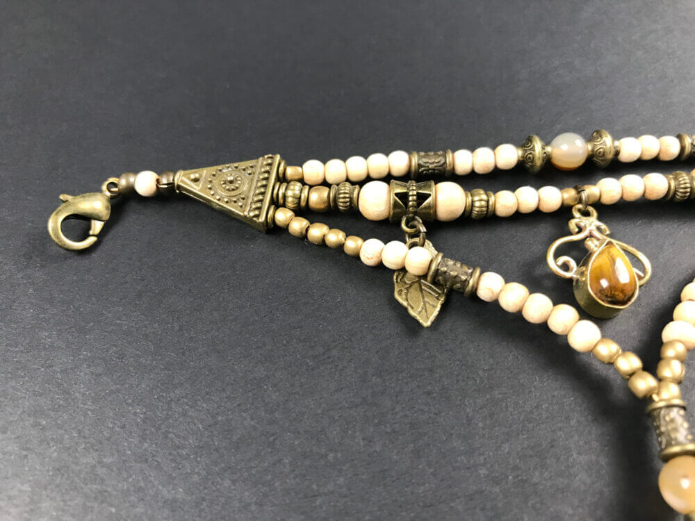 Tiger Eye White Beaded Finger Bracelet by Vera Black