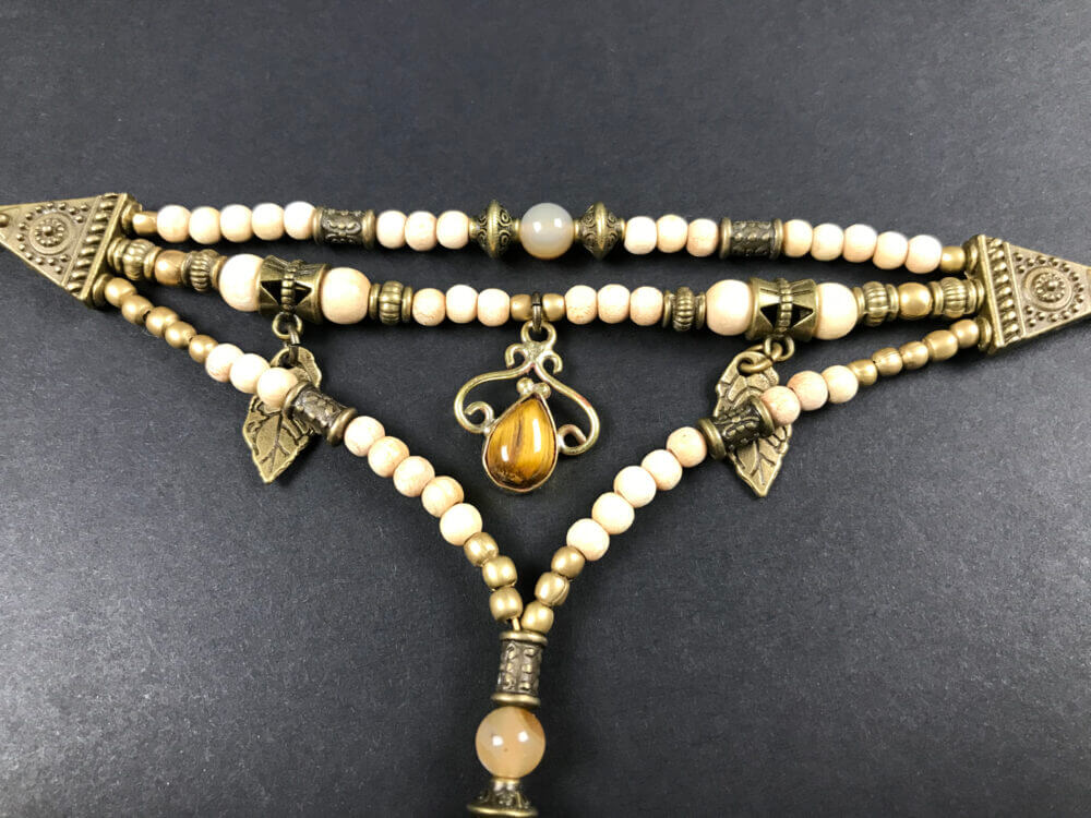 Tiger Eye White Beaded Finger Bracelet by Vera Black