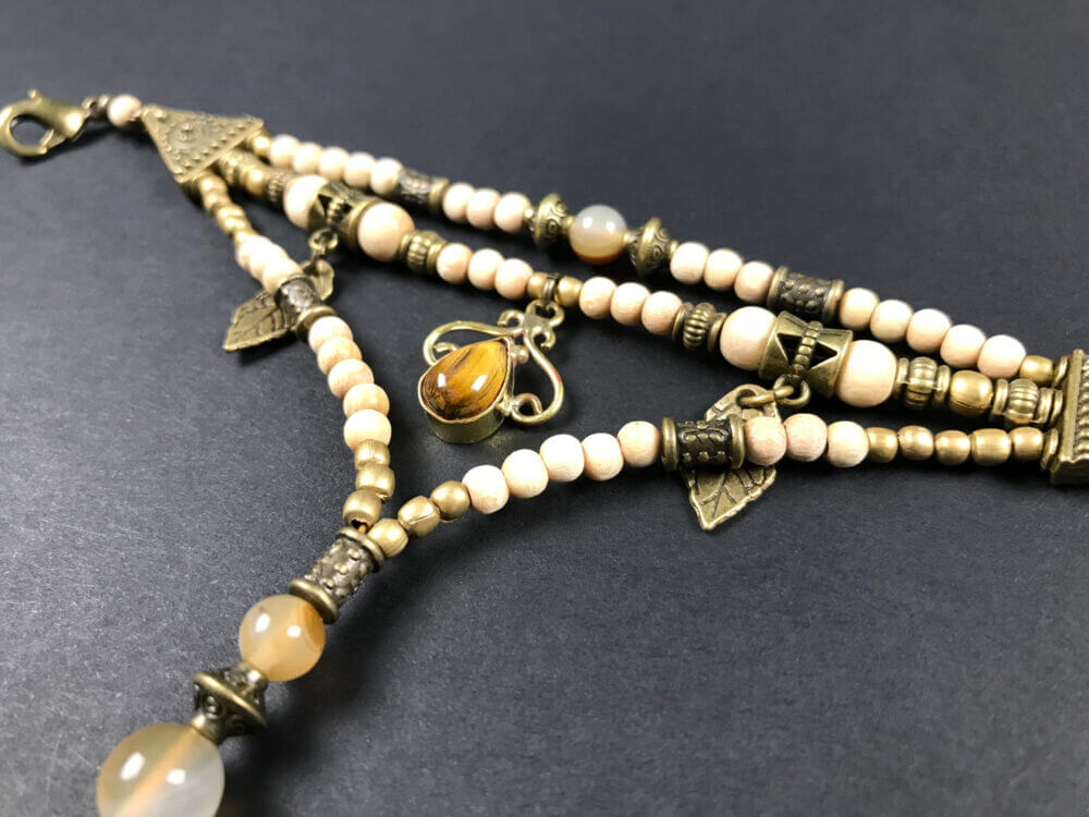 Tiger Eye White Beaded Finger Bracelet by Vera Black