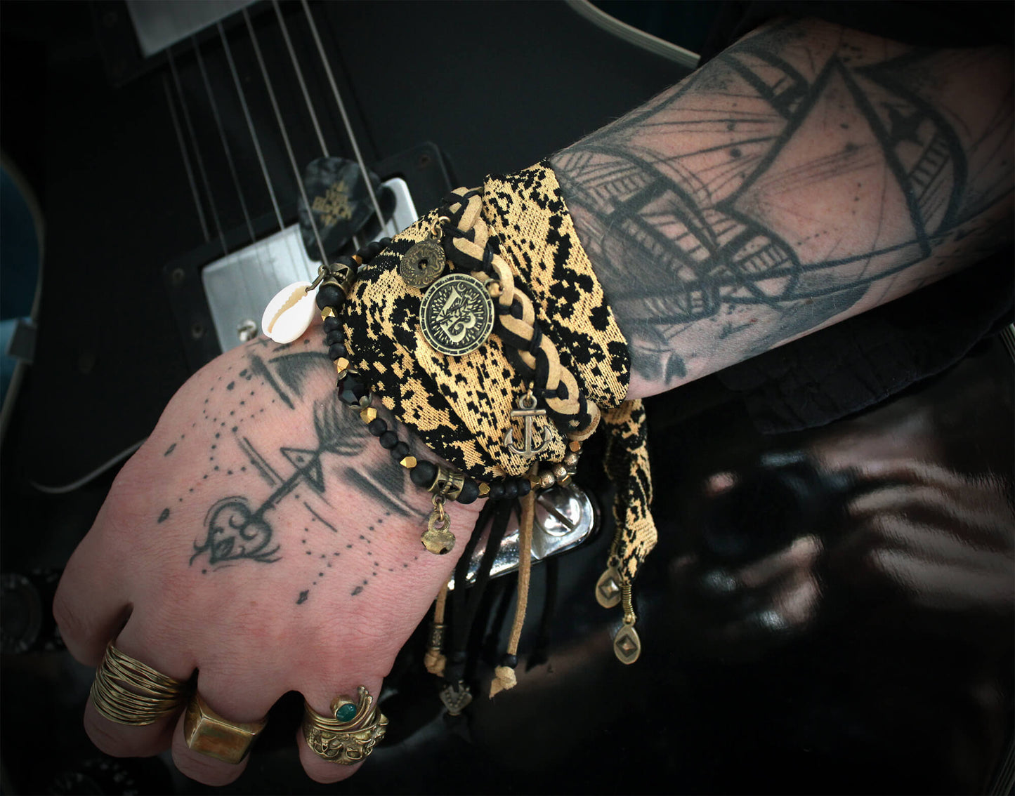 The Black Mamba Cuff Bracelet Set - Pirate Layered Gypsy Fabric Wrist Wrap Unisex Bracelet Set For Men And Women Rock n Roll Style