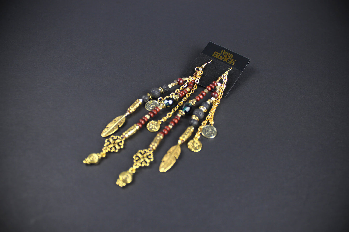 The Red Sun Earring Set - beaded layered dangle and drop earring set, elegant red and gold pair of earrings, boho rock n roll style earrings