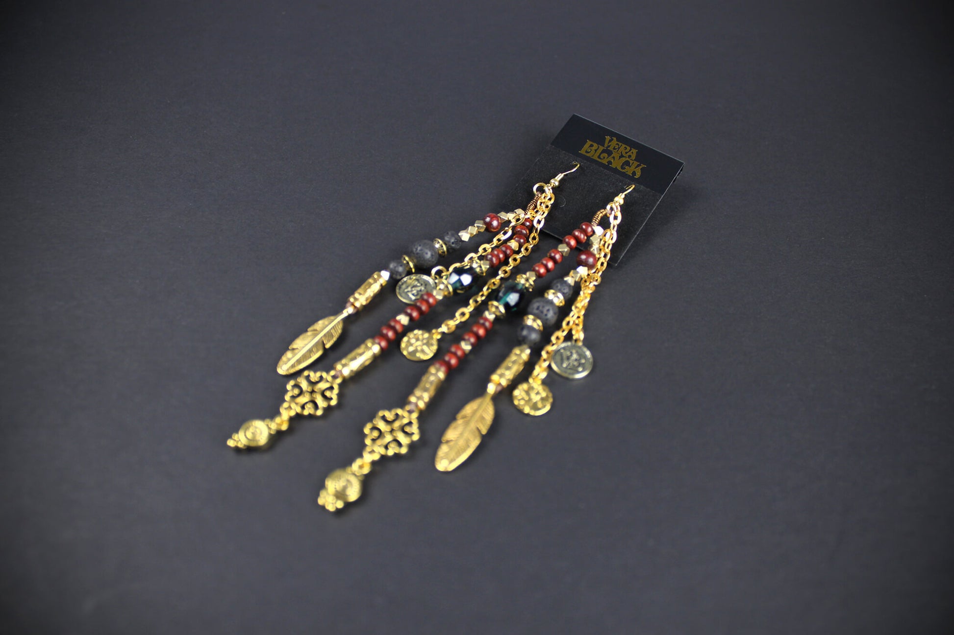 The Red Sun Earring Set - beaded layered dangle and drop earring set, elegant red and gold pair of earrings, boho rock n roll style earrings