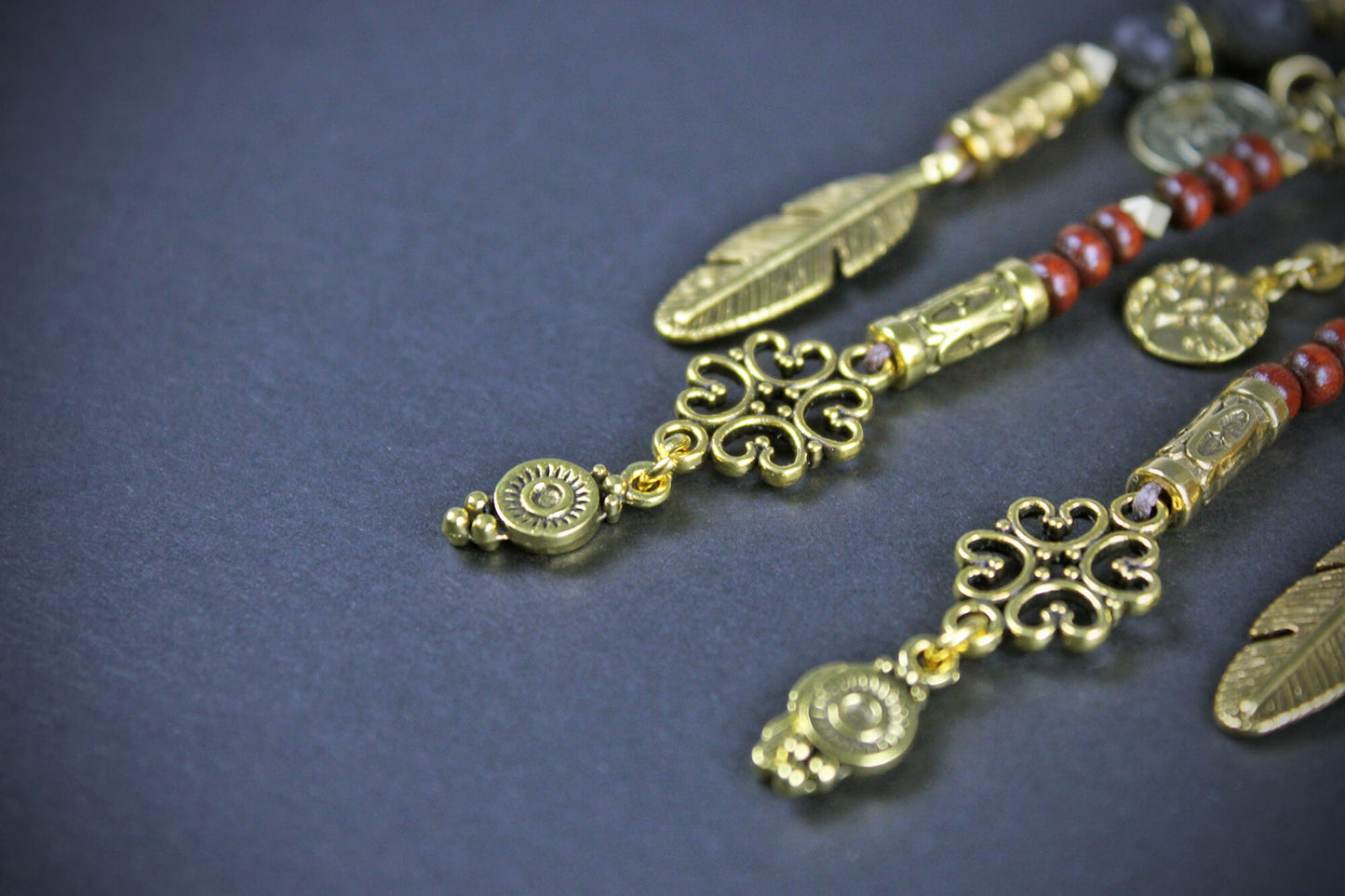 The Red Sun Earring Set - beaded layered dangle and drop earring set, elegant red and gold pair of earrings, boho rock n roll style earrings