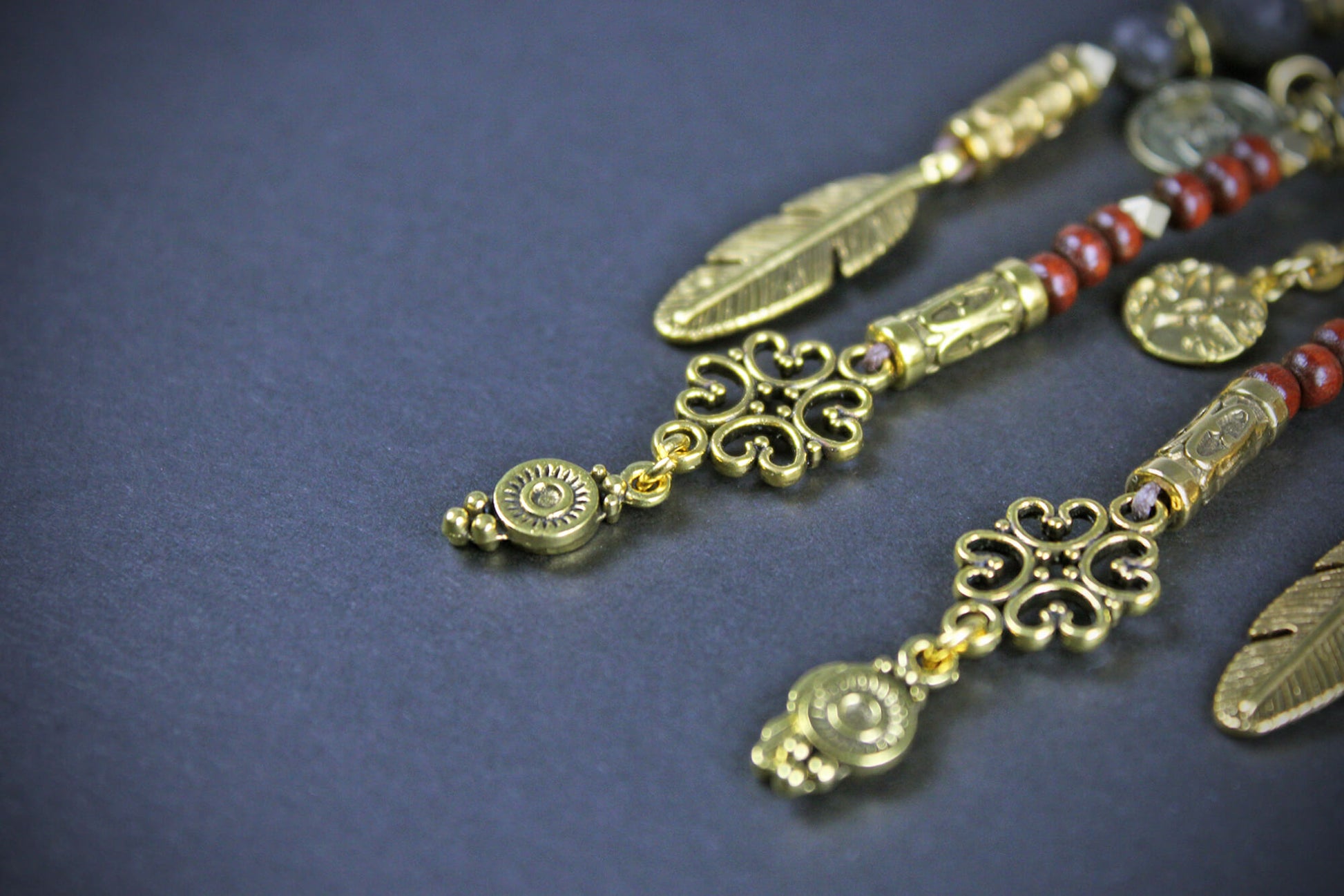 The Red Sun Earring Set - beaded layered dangle and drop earring set, elegant red and gold pair of earrings, boho rock n roll style earrings