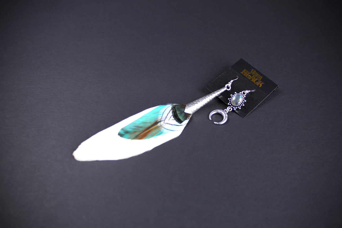 Moonbeam feather earring set, asymmetrical earrings, labradorite stone, rock n roll western cowgirl style silver earrings