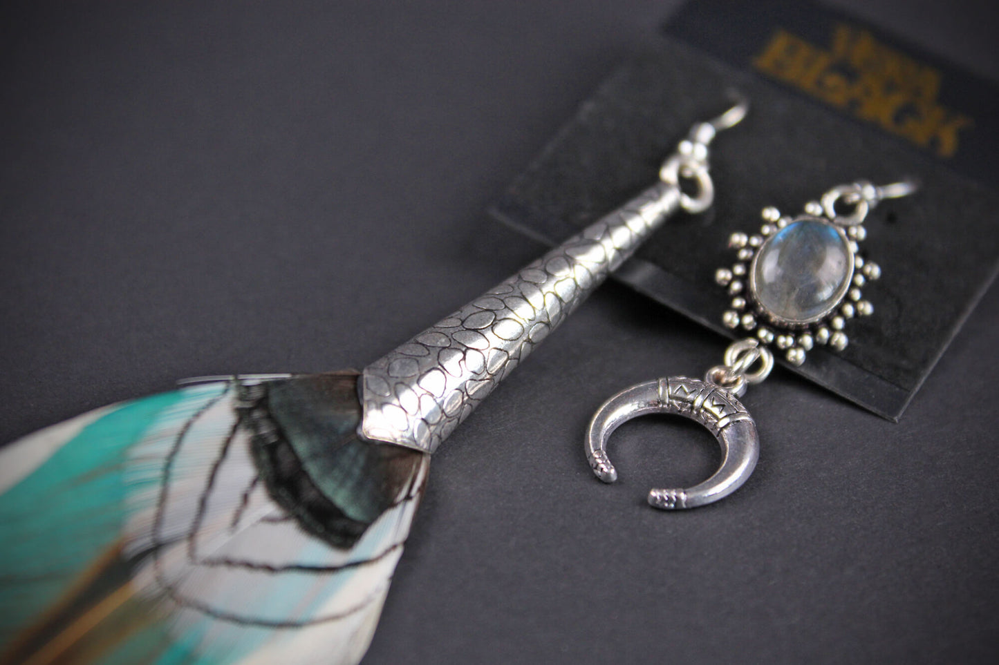 Moonbeam feather earring set, asymmetrical earrings, labradorite stone, rock n roll western cowgirl style silver earrings