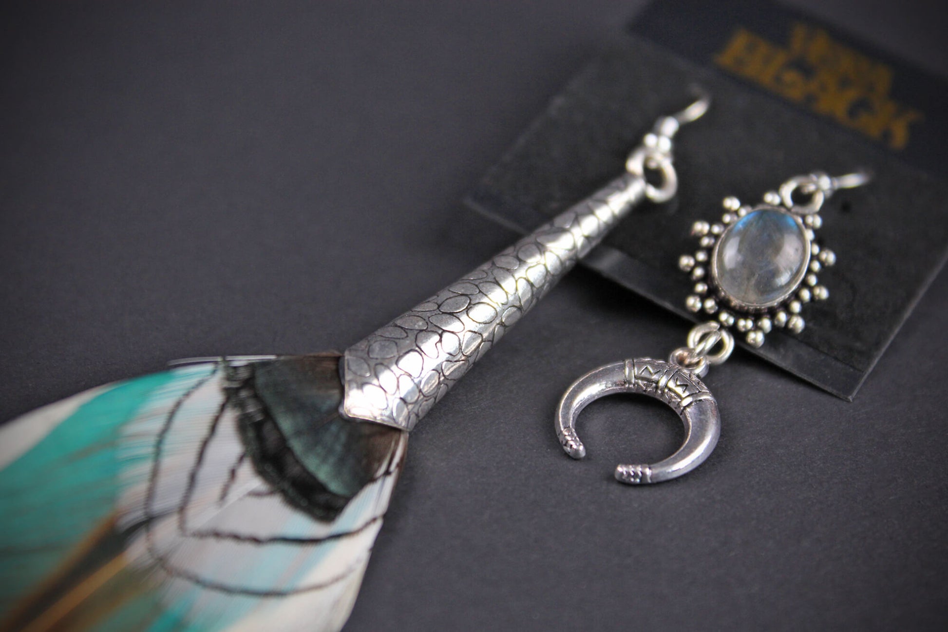 Moonbeam feather earring set, asymmetrical earrings, labradorite stone, rock n roll western cowgirl style silver earrings