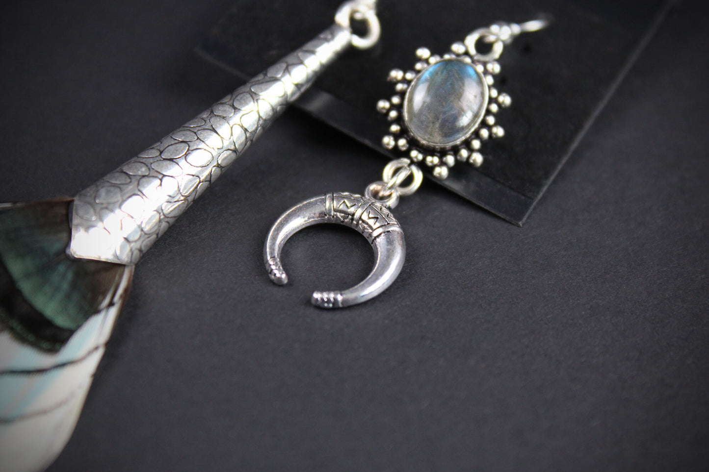 Moonbeam feather earring set, asymmetrical earrings, labradorite stone, rock n roll western cowgirl style silver earrings