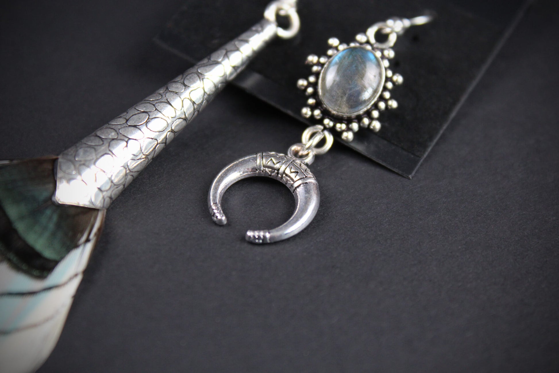 Moonbeam feather earring set, asymmetrical earrings, labradorite stone, rock n roll western cowgirl style silver earrings