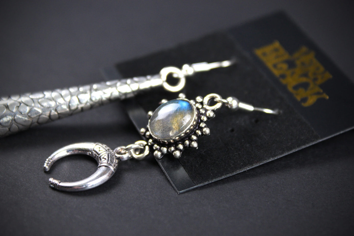 Moonbeam feather earring set, asymmetrical earrings, labradorite stone, rock n roll western cowgirl style silver earrings