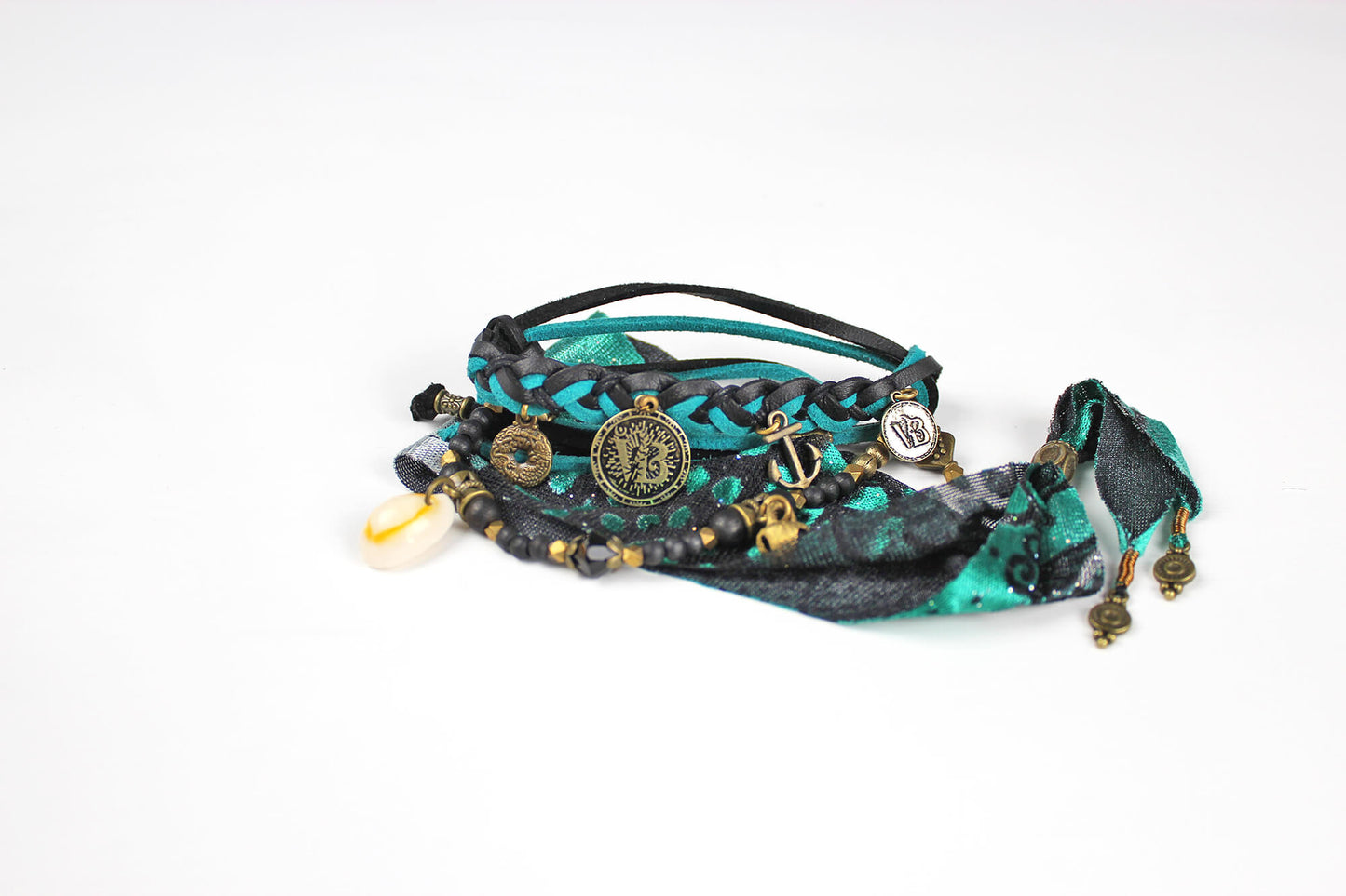 The Arizona Cuff Bracelet Set - Layered Gypsy Fabric Wrist Wrap, Turquoise Unisex Bracelet Set For Men And Women, Rock n Roll Pirate Style