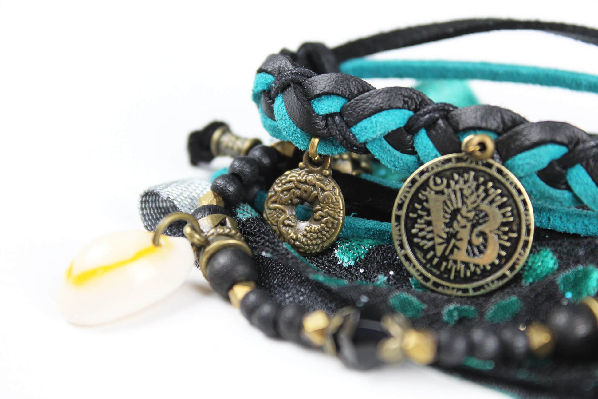 The Arizona Cuff Bracelet Set - Layered Gypsy Fabric Wrist Wrap, Turquoise Unisex Bracelet Set For Men And Women, Rock n Roll Pirate Style