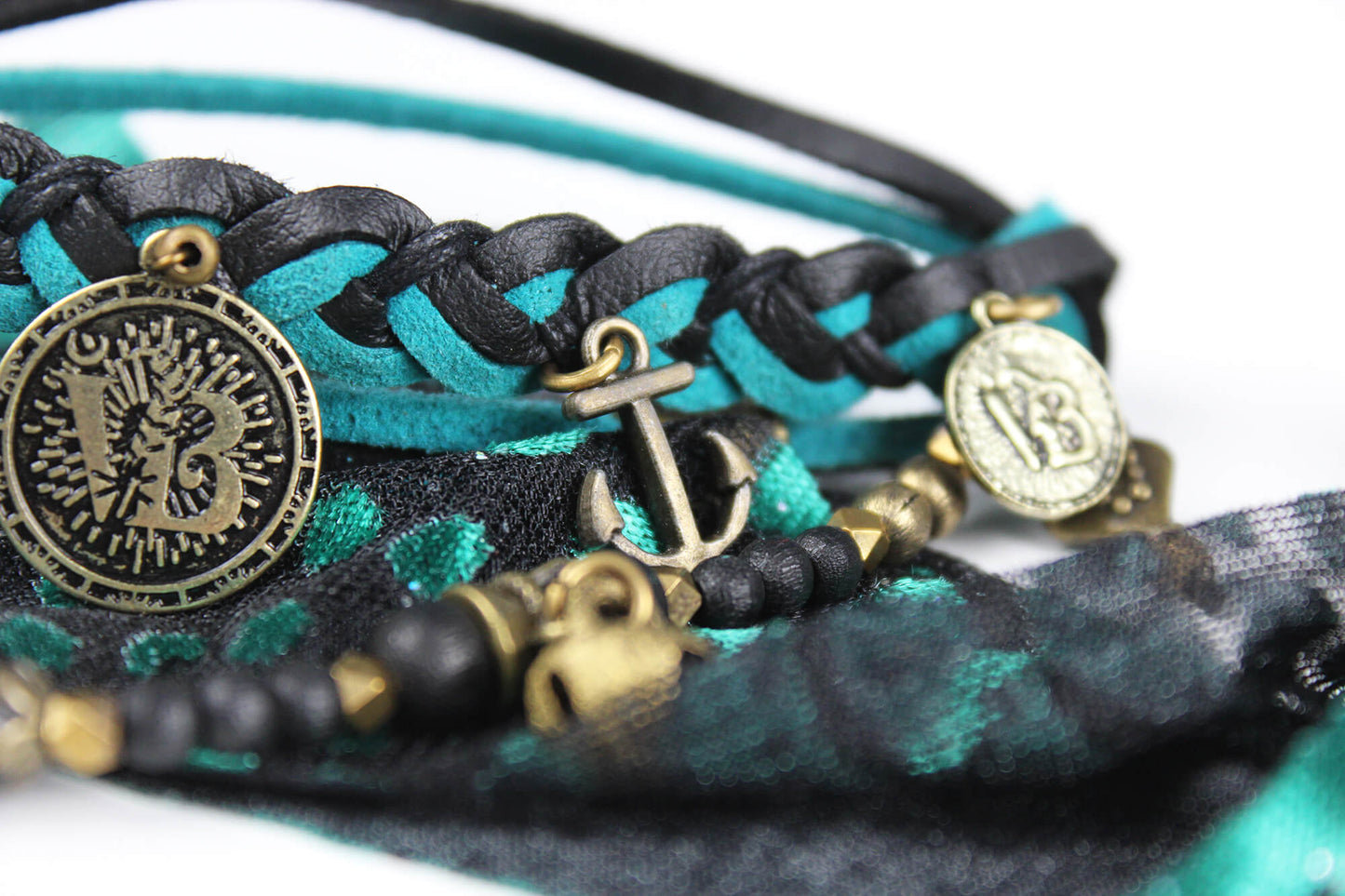 The Arizona Cuff Bracelet Set - Layered Gypsy Fabric Wrist Wrap, Turquoise Unisex Bracelet Set For Men And Women, Rock n Roll Pirate Style