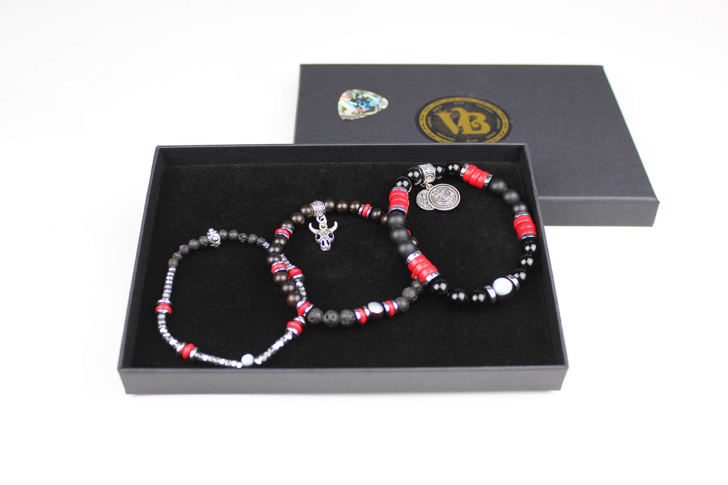 The Rattlesnake Bracelet Set - layered red black and silver bracelet set, rock n roll style bracelet stack, red coral black onyx & hematite
