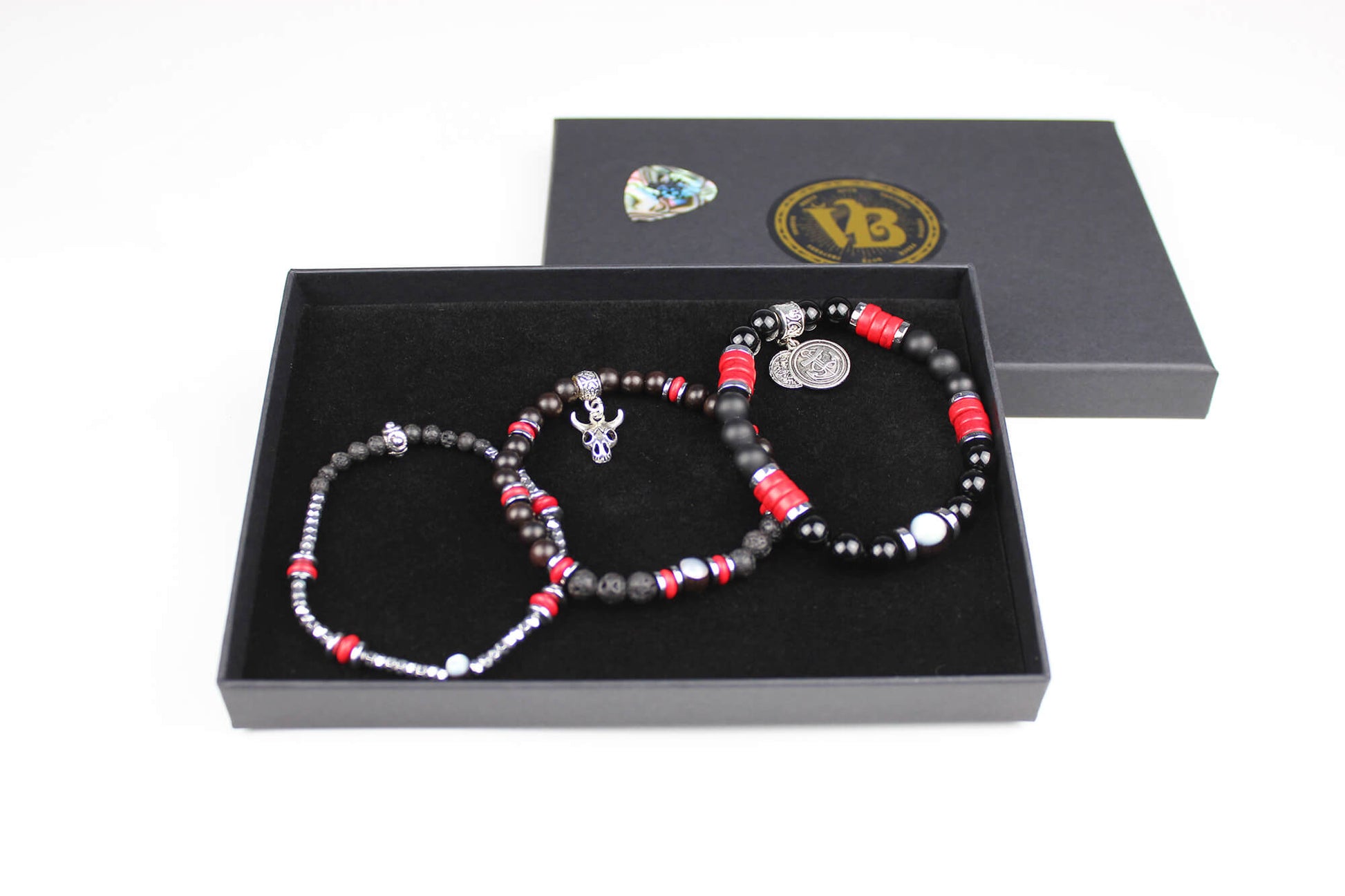 The Rattlesnake Bracelet Set - layered red black and silver bracelet set, rock n roll style bracelet stack, red coral black onyx & hematite