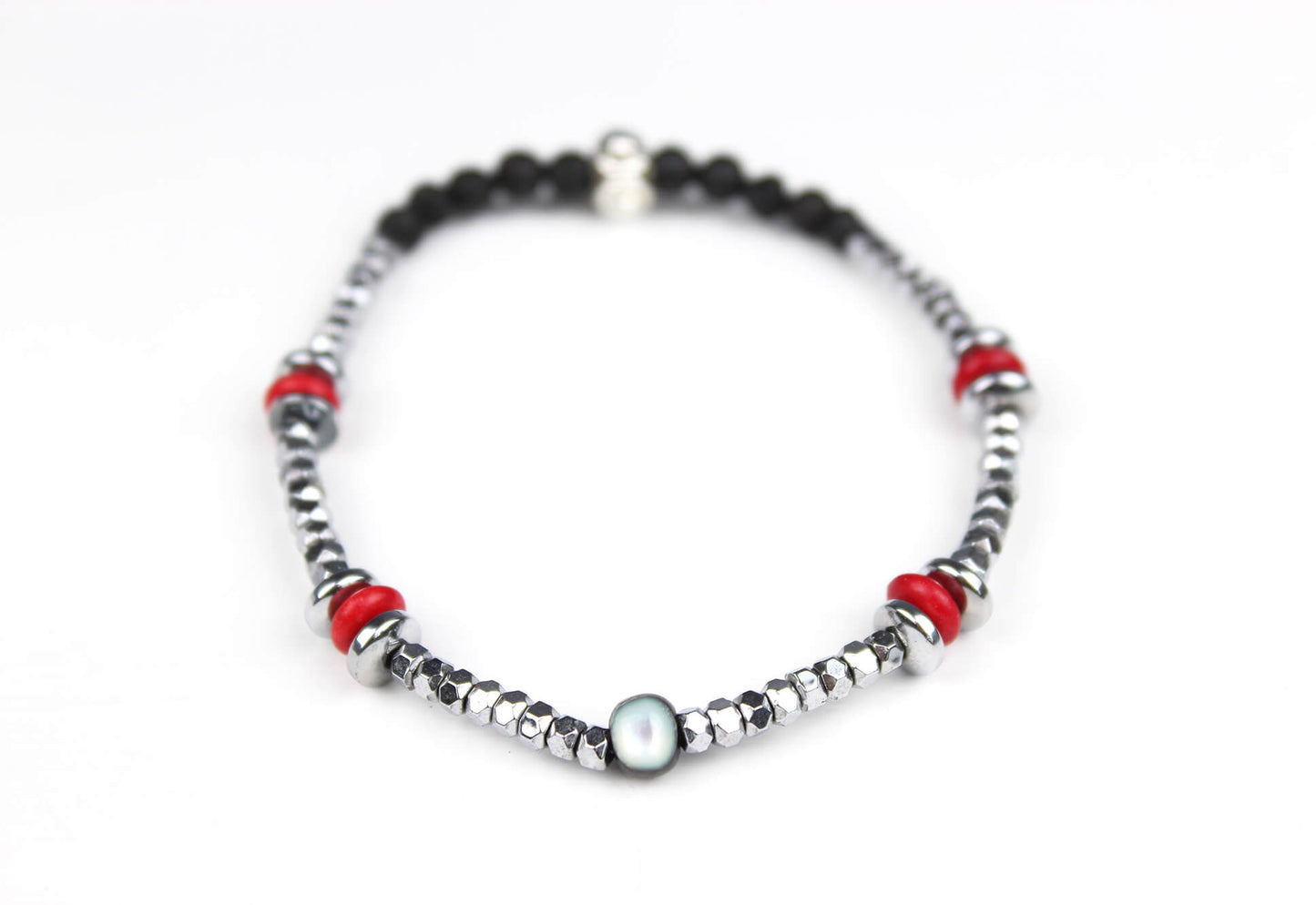 The Rattlesnake Bracelet Set - layered red black and silver bracelet set, rock n roll style bracelet stack, red coral black onyx & hematite
