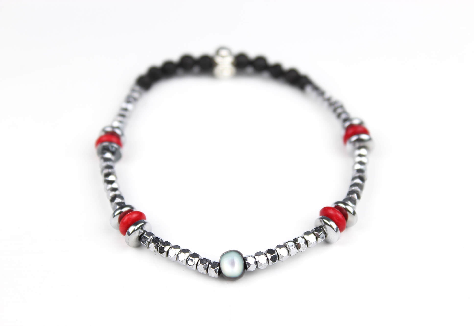The Rattlesnake Bracelet Set - layered red black and silver bracelet set, rock n roll style bracelet stack, red coral black onyx & hematite