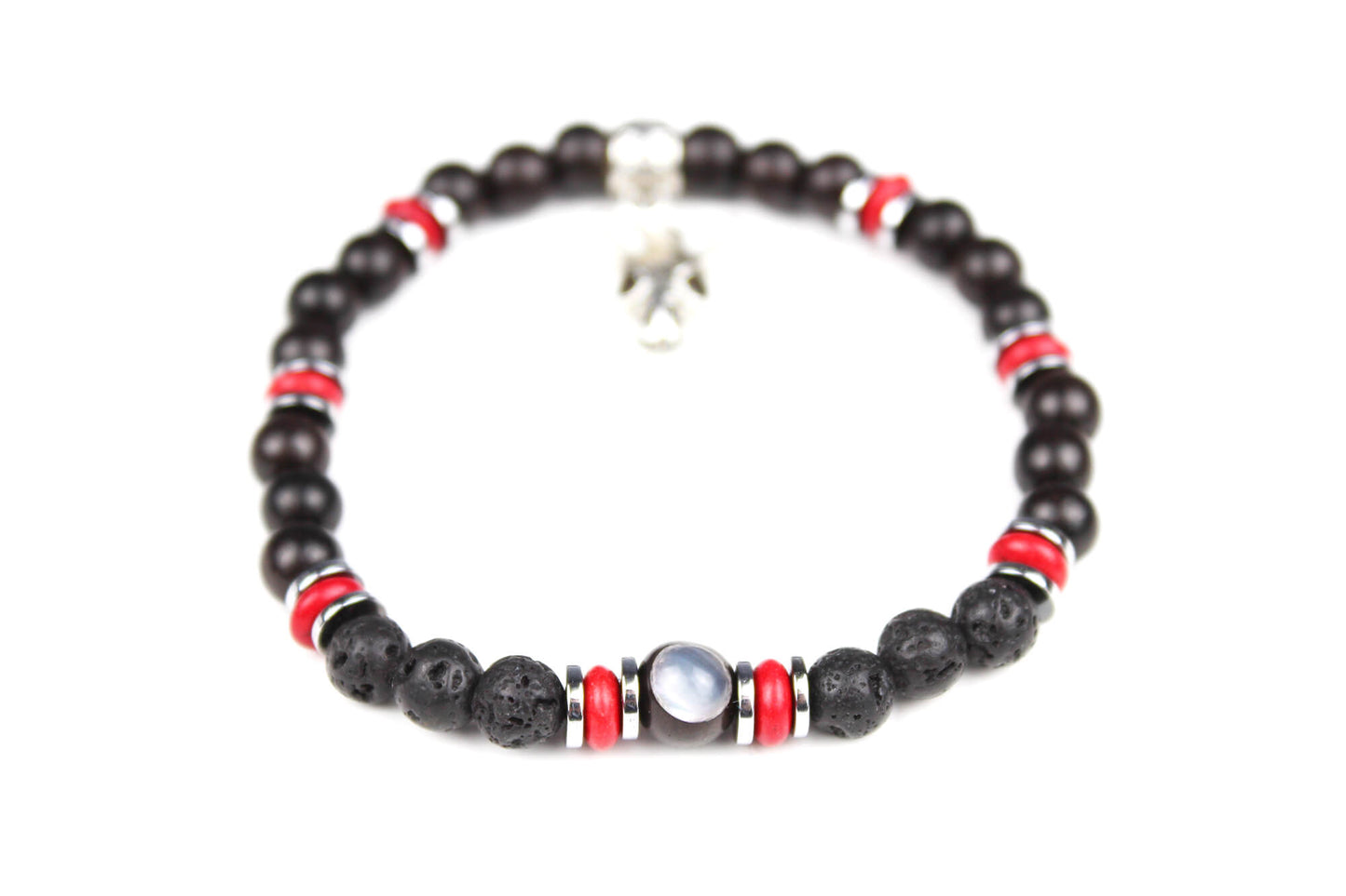 The Rattlesnake Bracelet Set - layered red black and silver bracelet set, rock n roll style bracelet stack, red coral black onyx & hematite