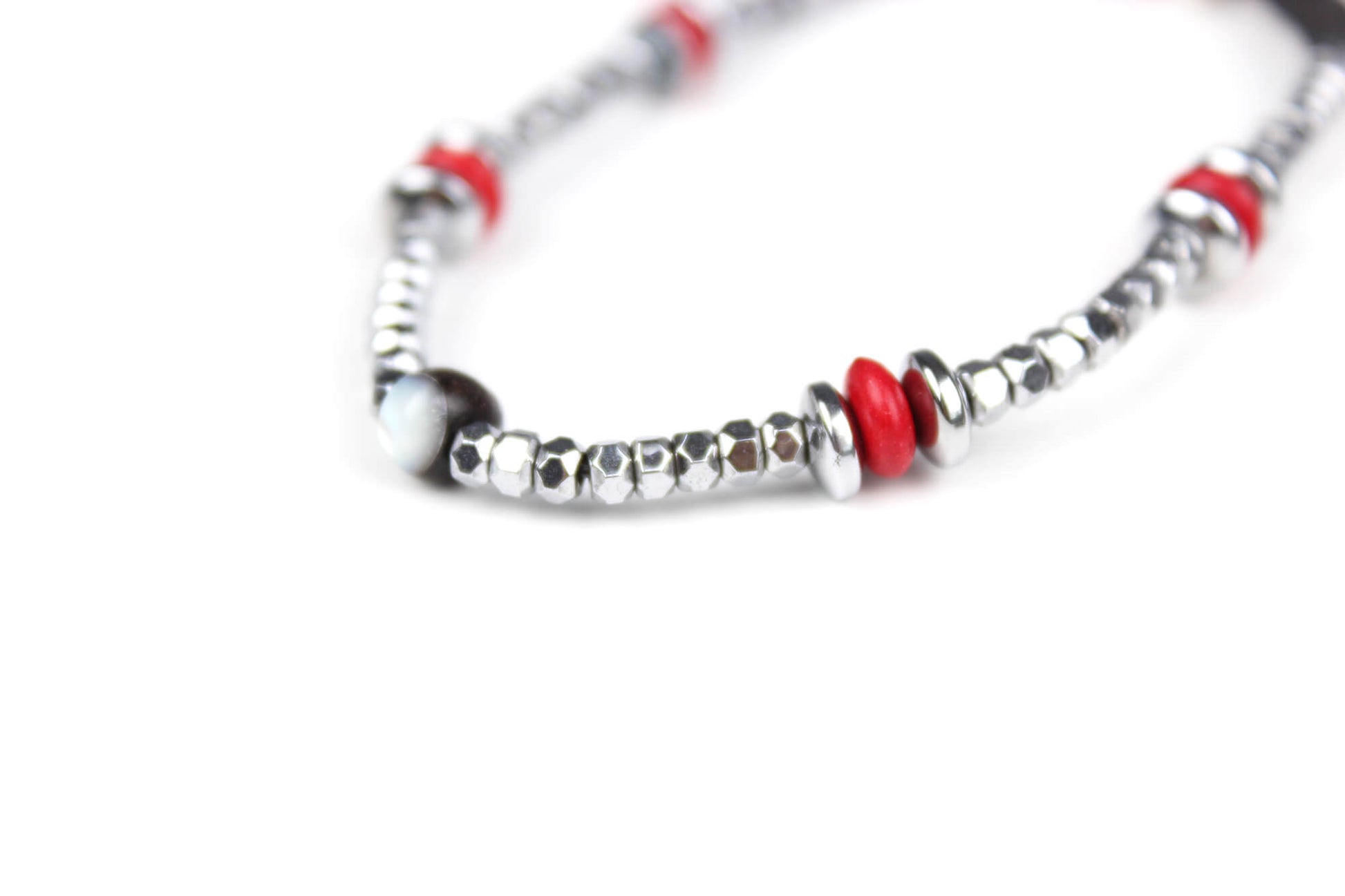 The Rattlesnake Bracelet Set - layered red black and silver bracelet set, rock n roll style bracelet stack, red coral black onyx & hematite