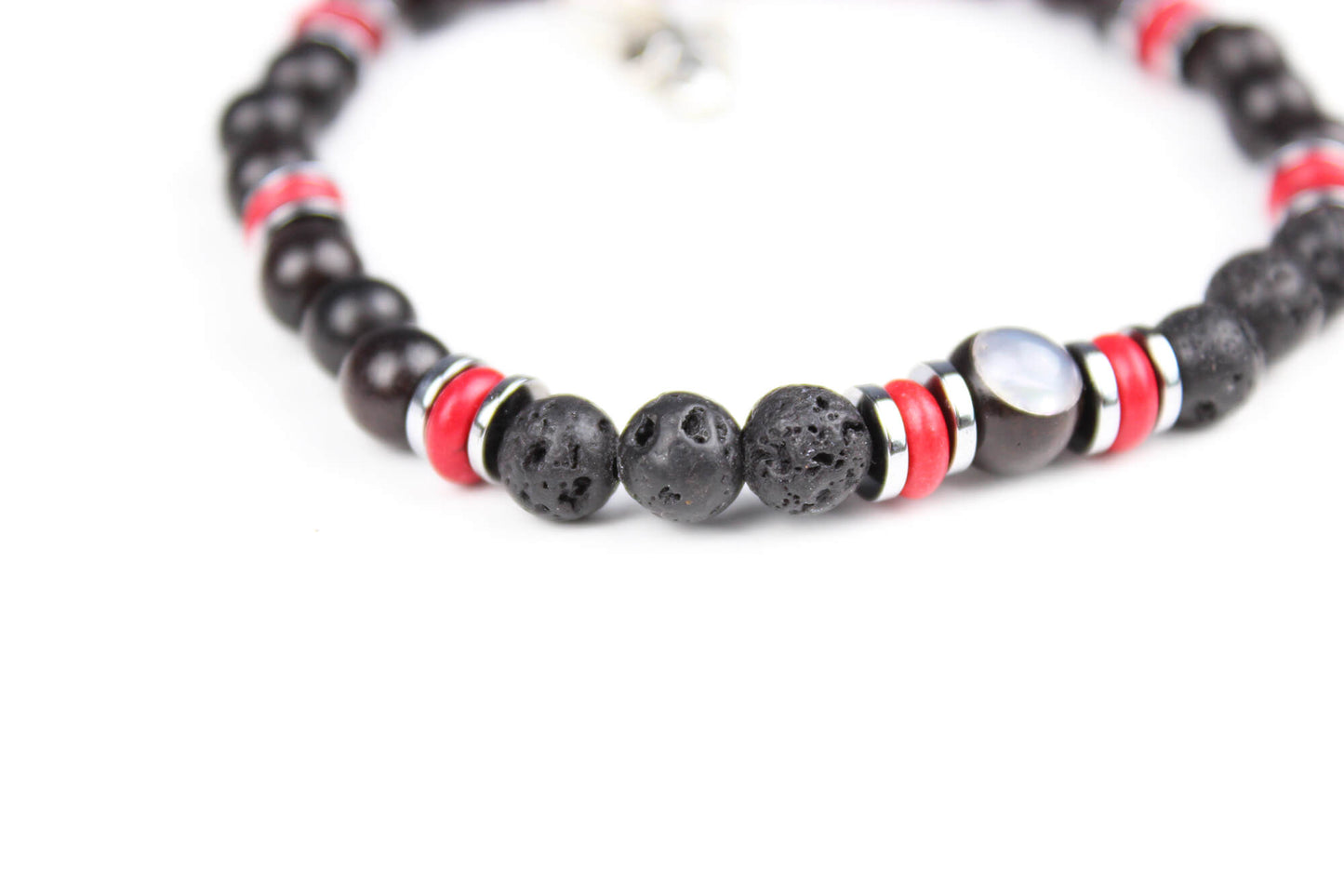 The Rattlesnake Bracelet Set - layered red black and silver bracelet set, rock n roll style bracelet stack, red coral black onyx & hematite