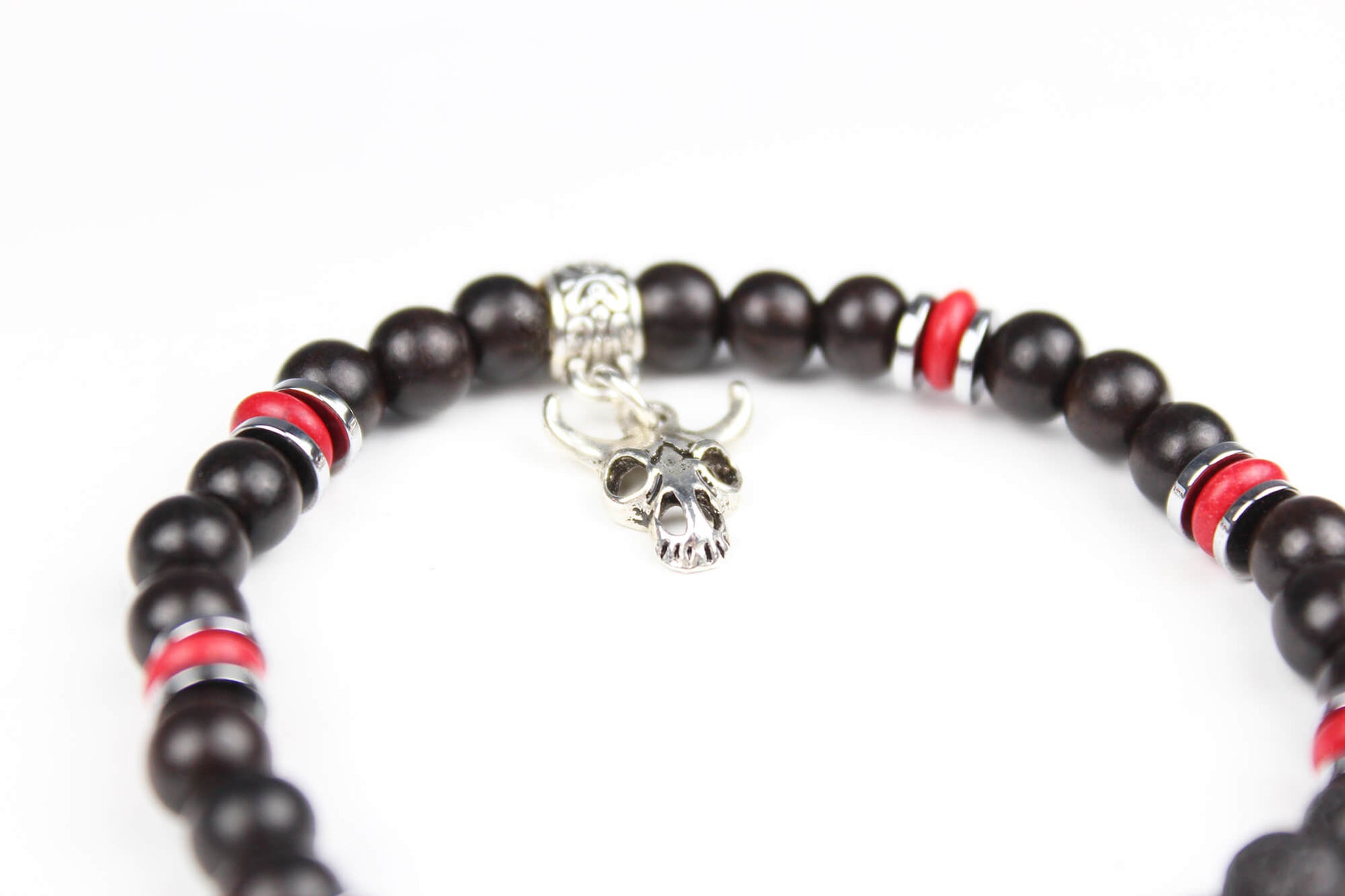 The Rattlesnake Bracelet Set - layered red black and silver bracelet set, rock n roll style bracelet stack, red coral black onyx & hematite
