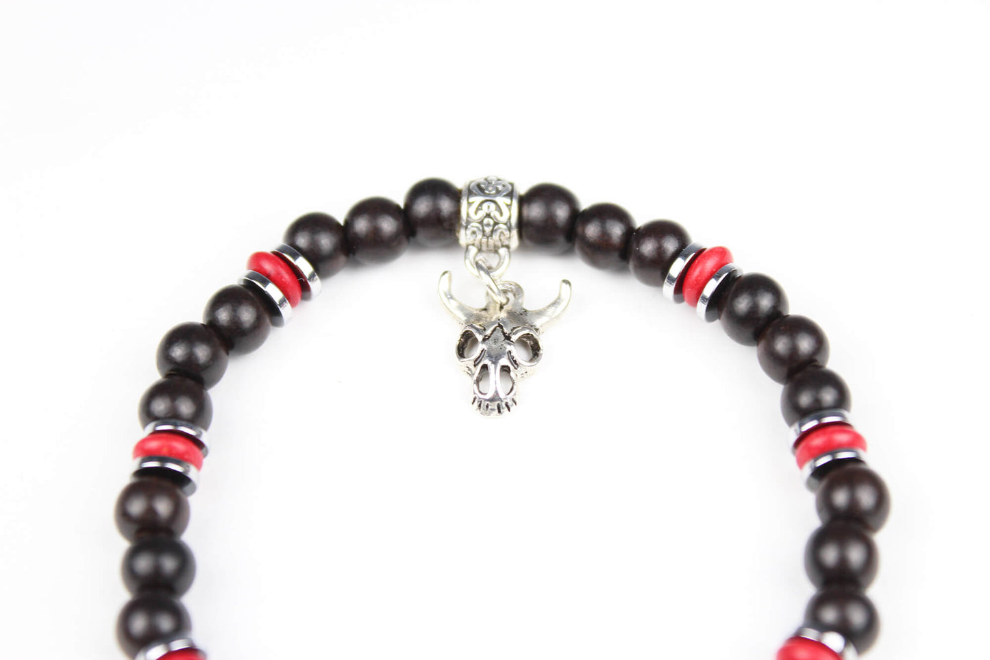 The Rattlesnake Bracelet Set - layered red black and silver bracelet set, rock n roll style bracelet stack, red coral black onyx & hematite