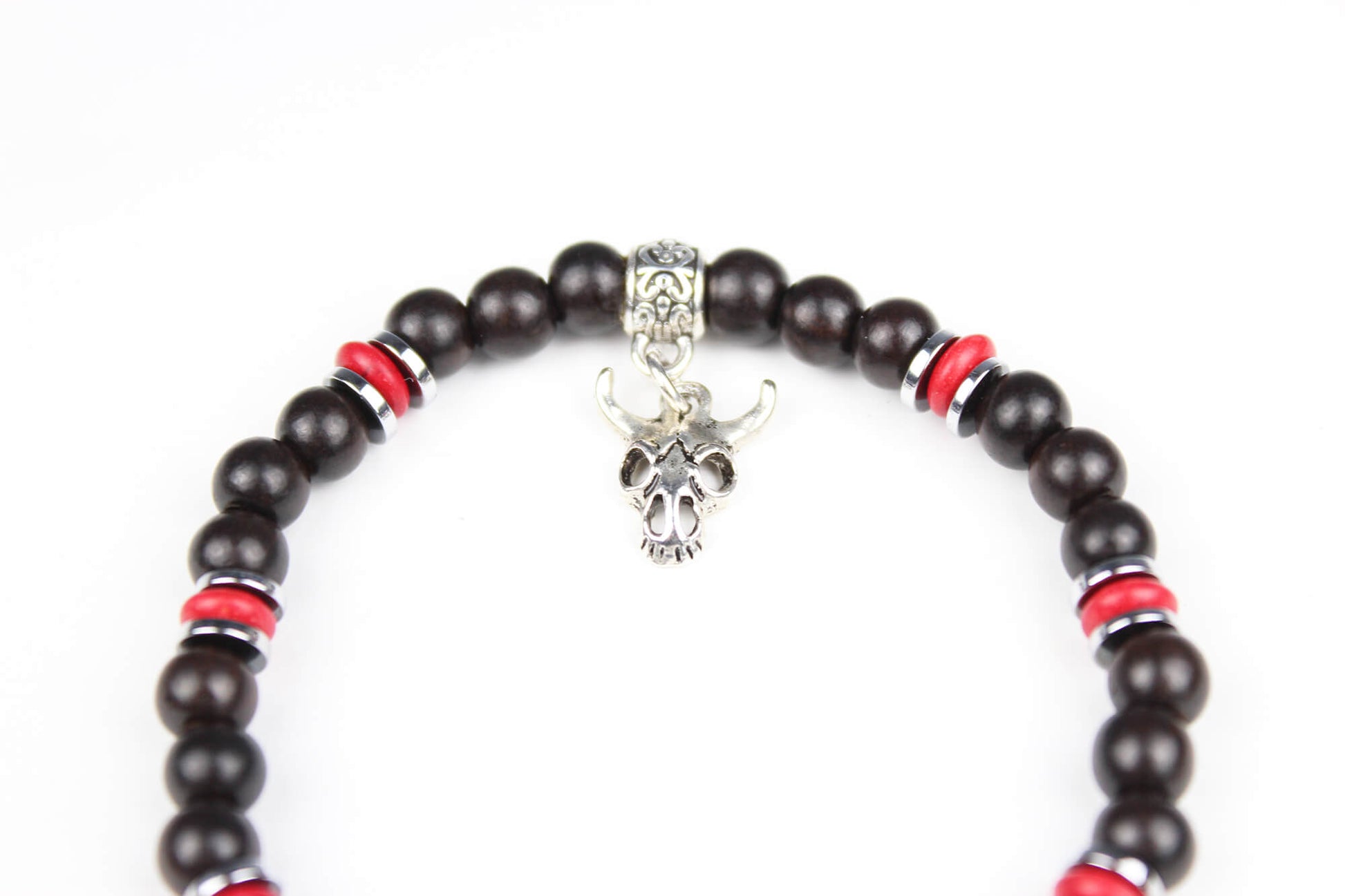 The Rattlesnake Bracelet Set - layered red black and silver bracelet set, rock n roll style bracelet stack, red coral black onyx & hematite
