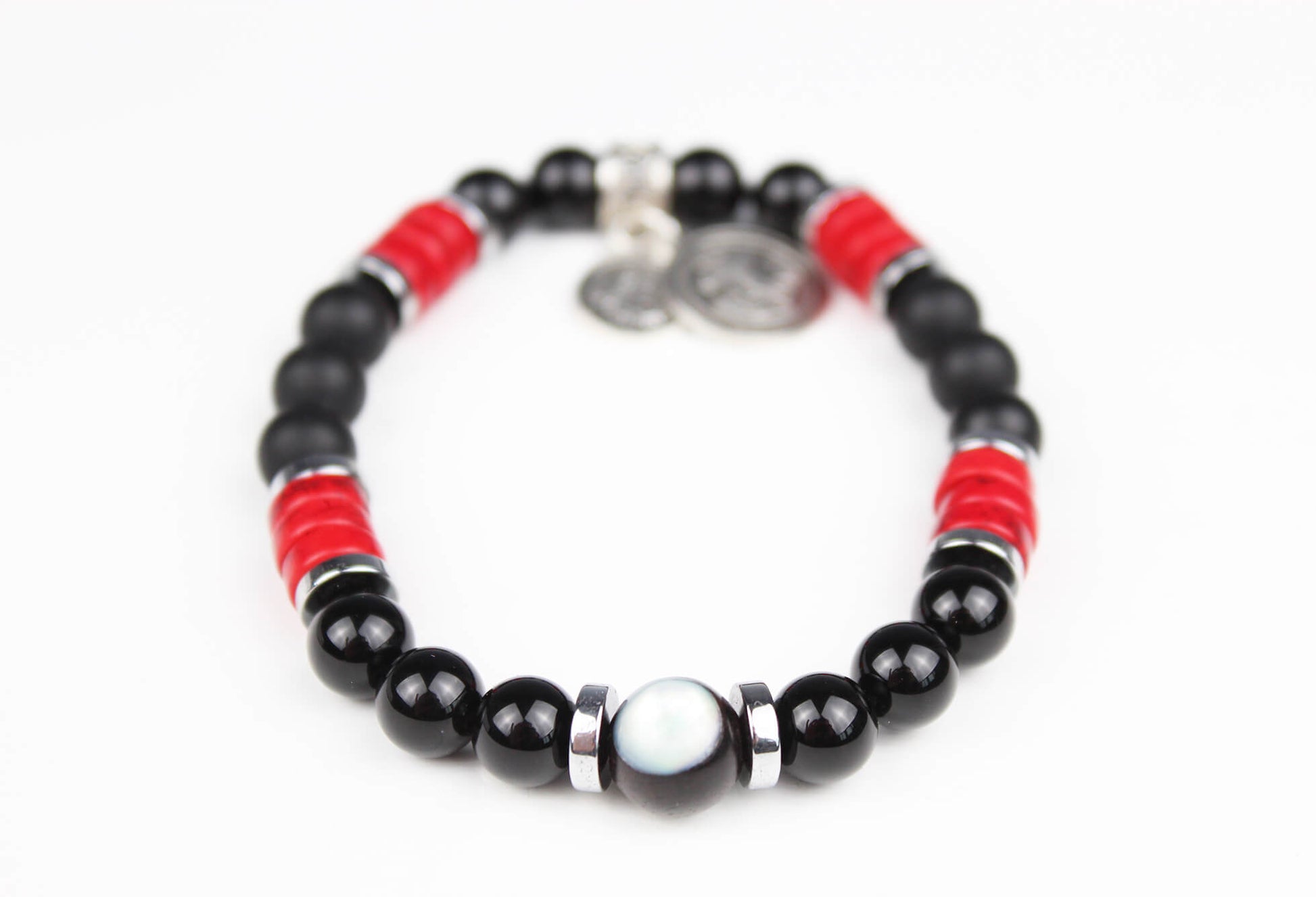 The Rattlesnake Bracelet Set - layered red black and silver bracelet set, rock n roll style bracelet stack, red coral black onyx & hematite