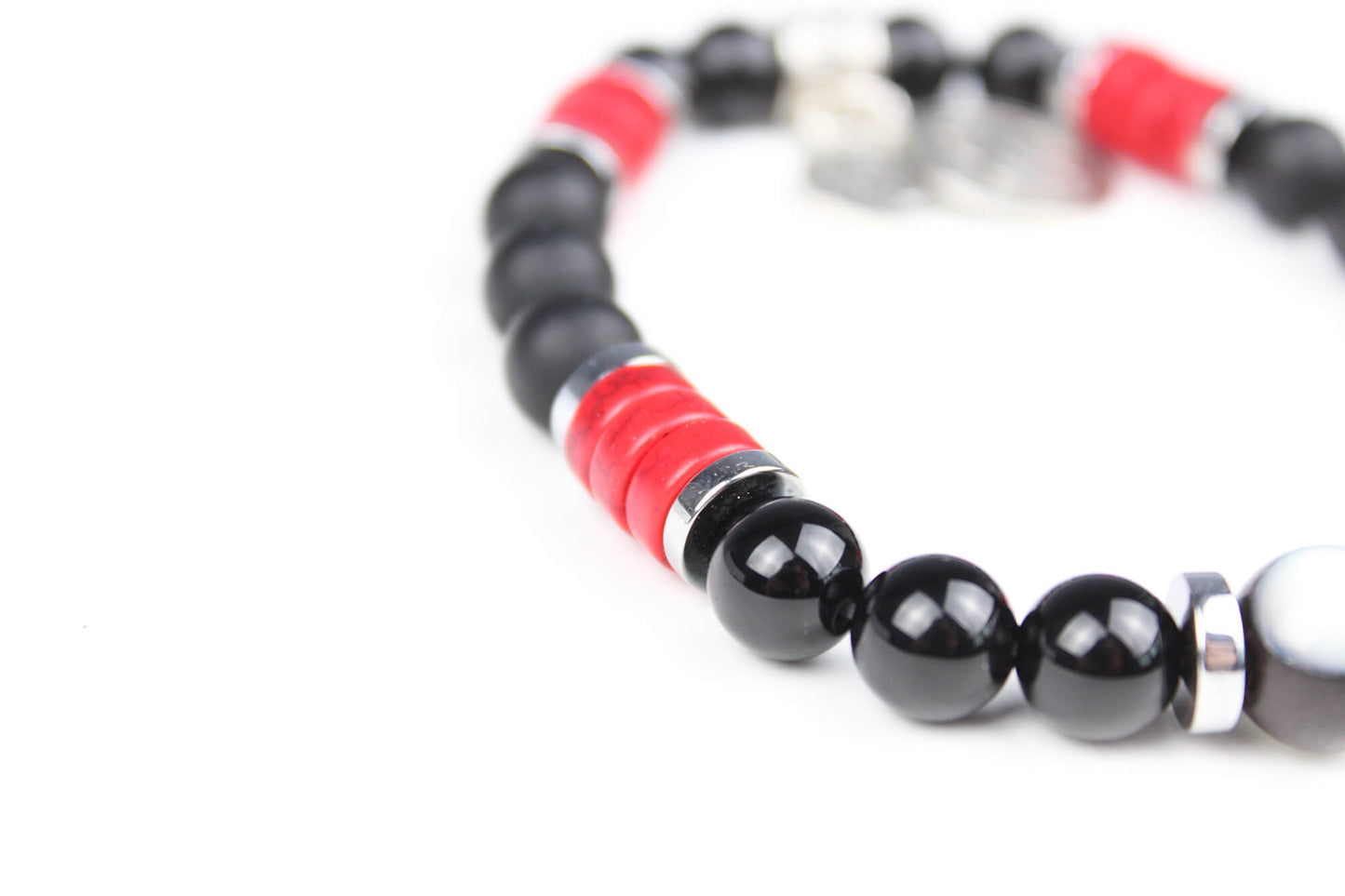 The Rattlesnake Bracelet Set - layered red black and silver bracelet set, rock n roll style bracelet stack, red coral black onyx & hematite