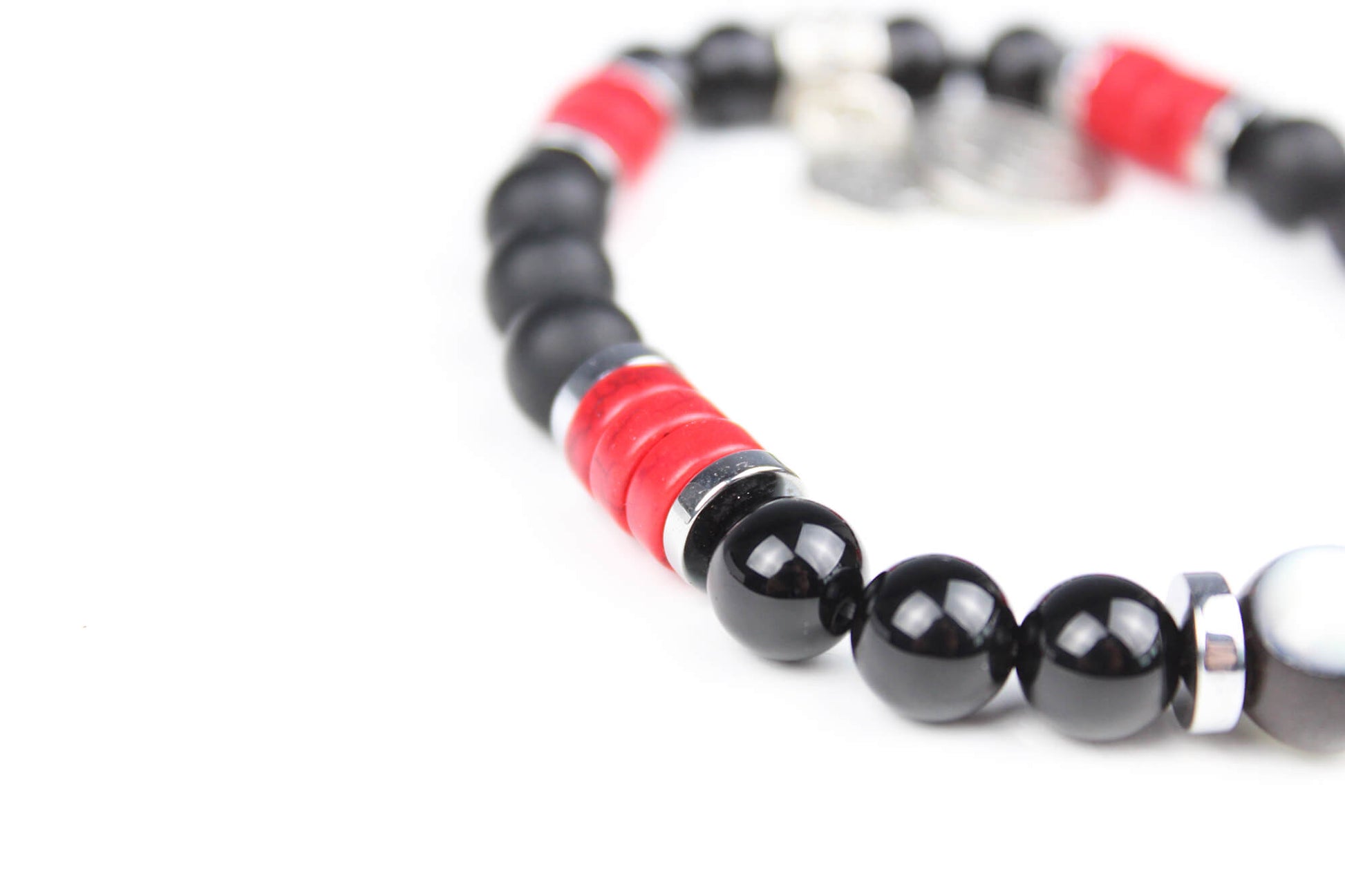 The Rattlesnake Bracelet Set - layered red black and silver bracelet set, rock n roll style bracelet stack, red coral black onyx & hematite