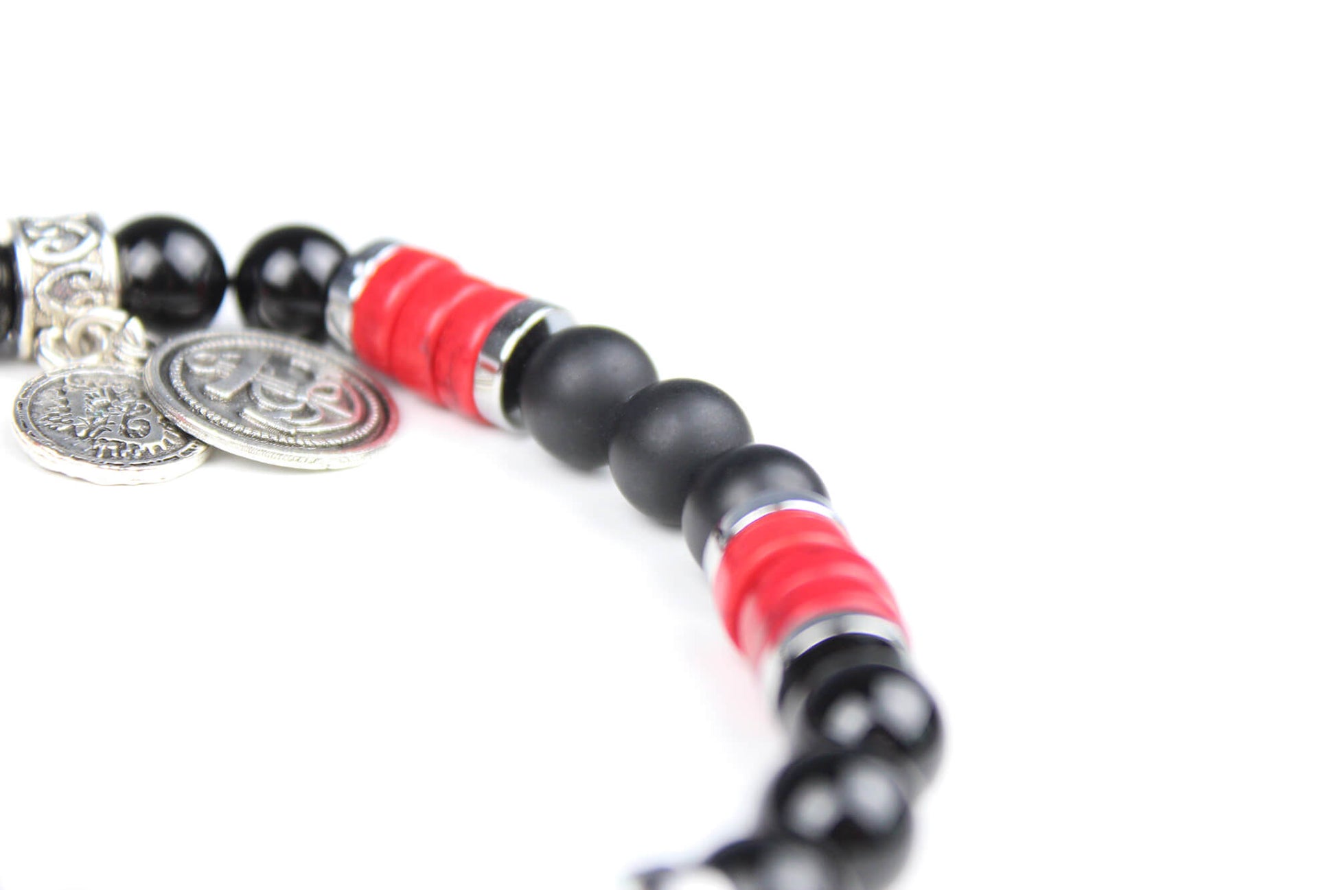 The Rattlesnake Bracelet Set - layered red black and silver bracelet set, rock n roll style bracelet stack, red coral black onyx & hematite
