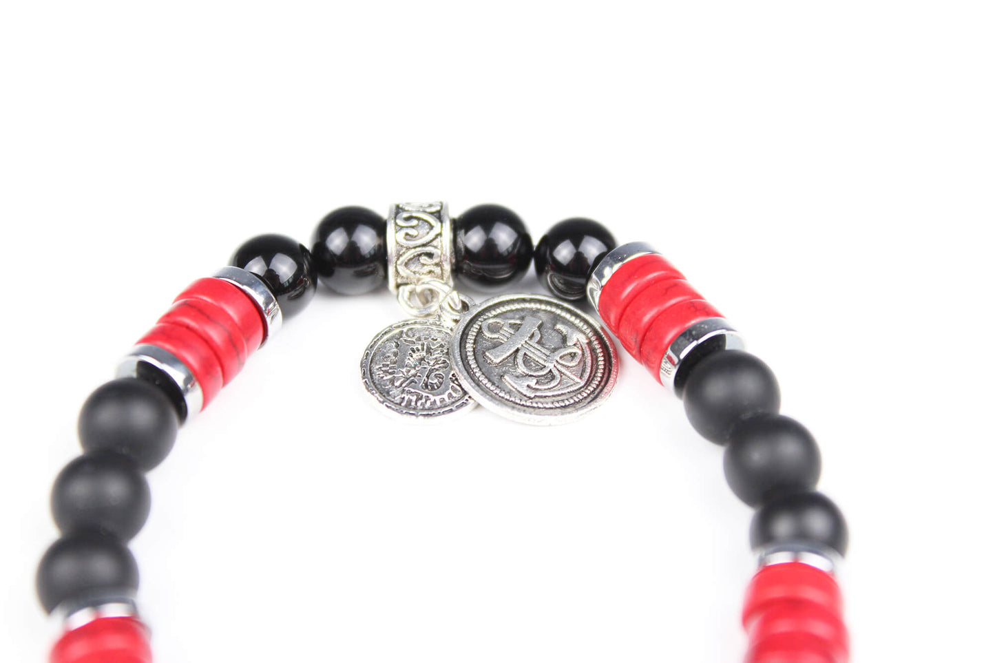 The Rattlesnake Bracelet Set - layered red black and silver bracelet set, rock n roll style bracelet stack, red coral black onyx & hematite